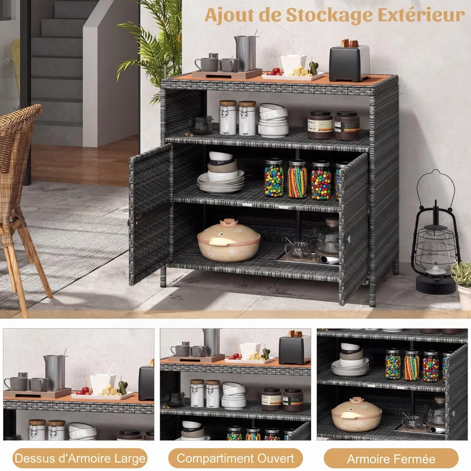 COSTWAY Armoire de Rangement Exterieur en Rotin, Jardin avec Plateau en Bois d'Acacia, Buffet 2 Portes, Gris