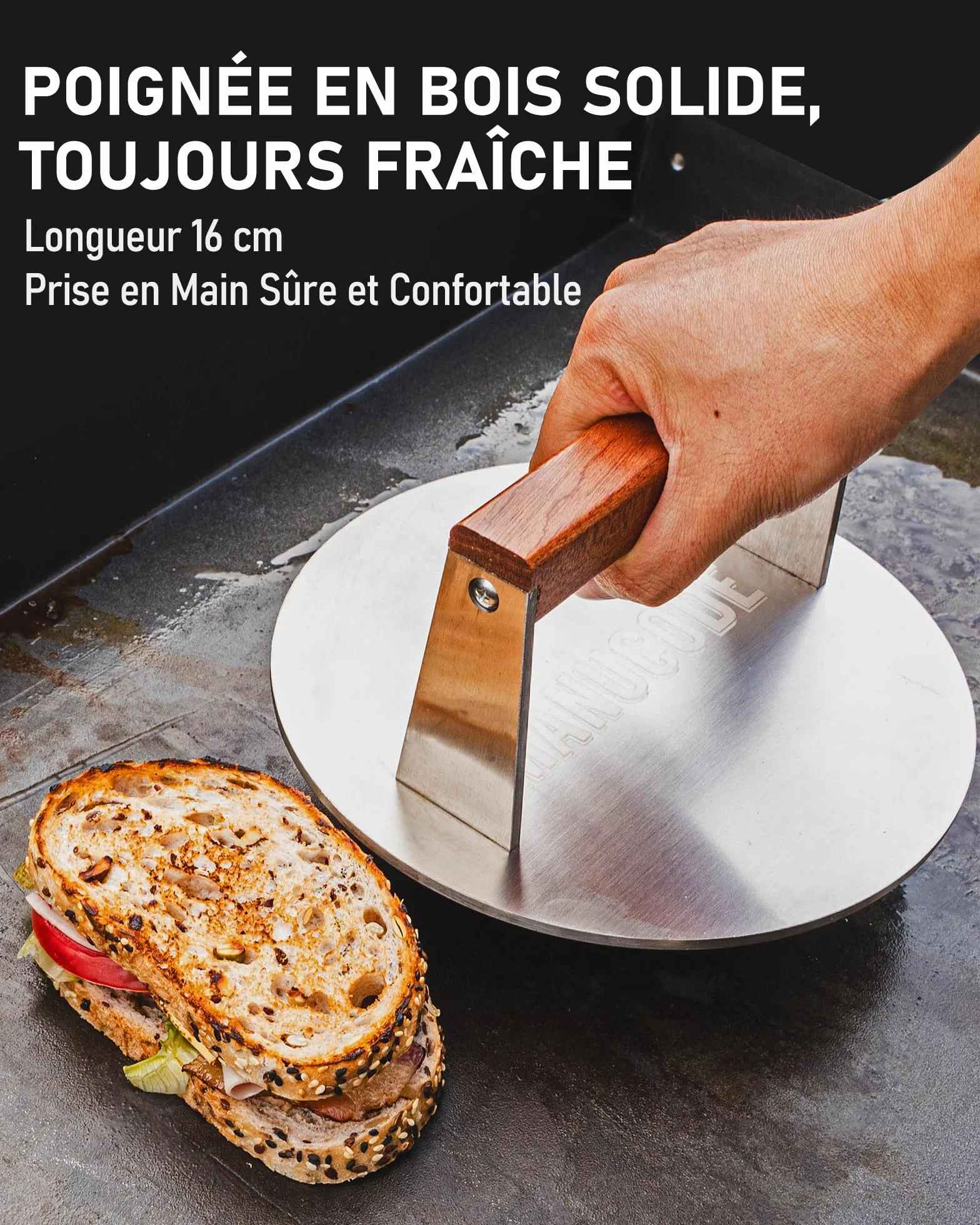 Presse à Griller en Acier Inoxydable 20,5cm 1,42kg Poignée Bois