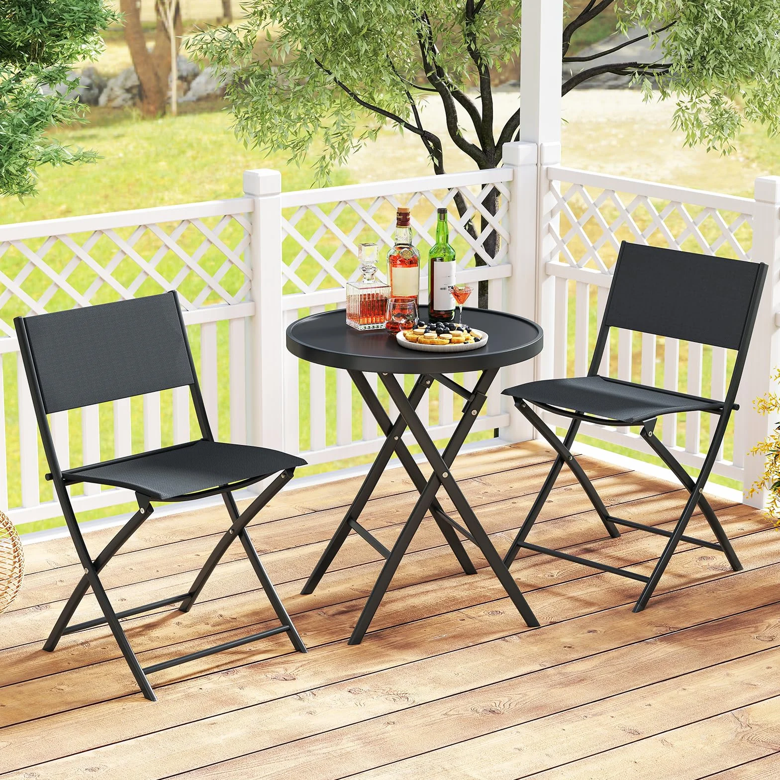 GIANTEX Ensemble Salon de Jardin 3 Pièces Table Ronde Pliante Verre Trempé 2 Chaise Pliantes Tissu Respirant Noir