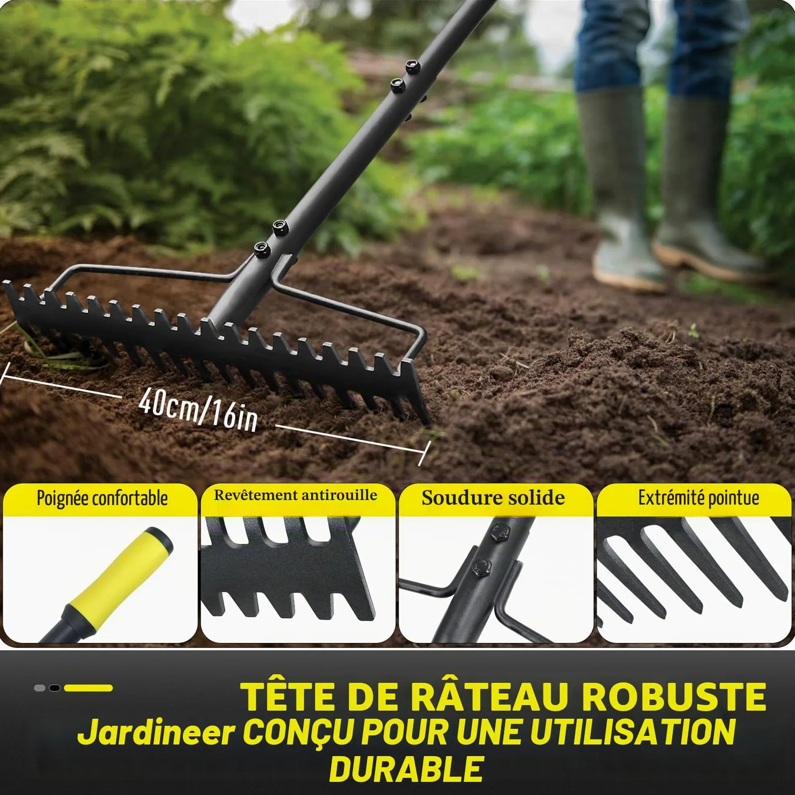 Jardineer Râteau d'arc robuste à long manche en métal pour gravier, roches, pelouses, feuilles, nivellement du sol, aménagement paysager, râteau de jardin avec 18 dents en acier (150 cm)