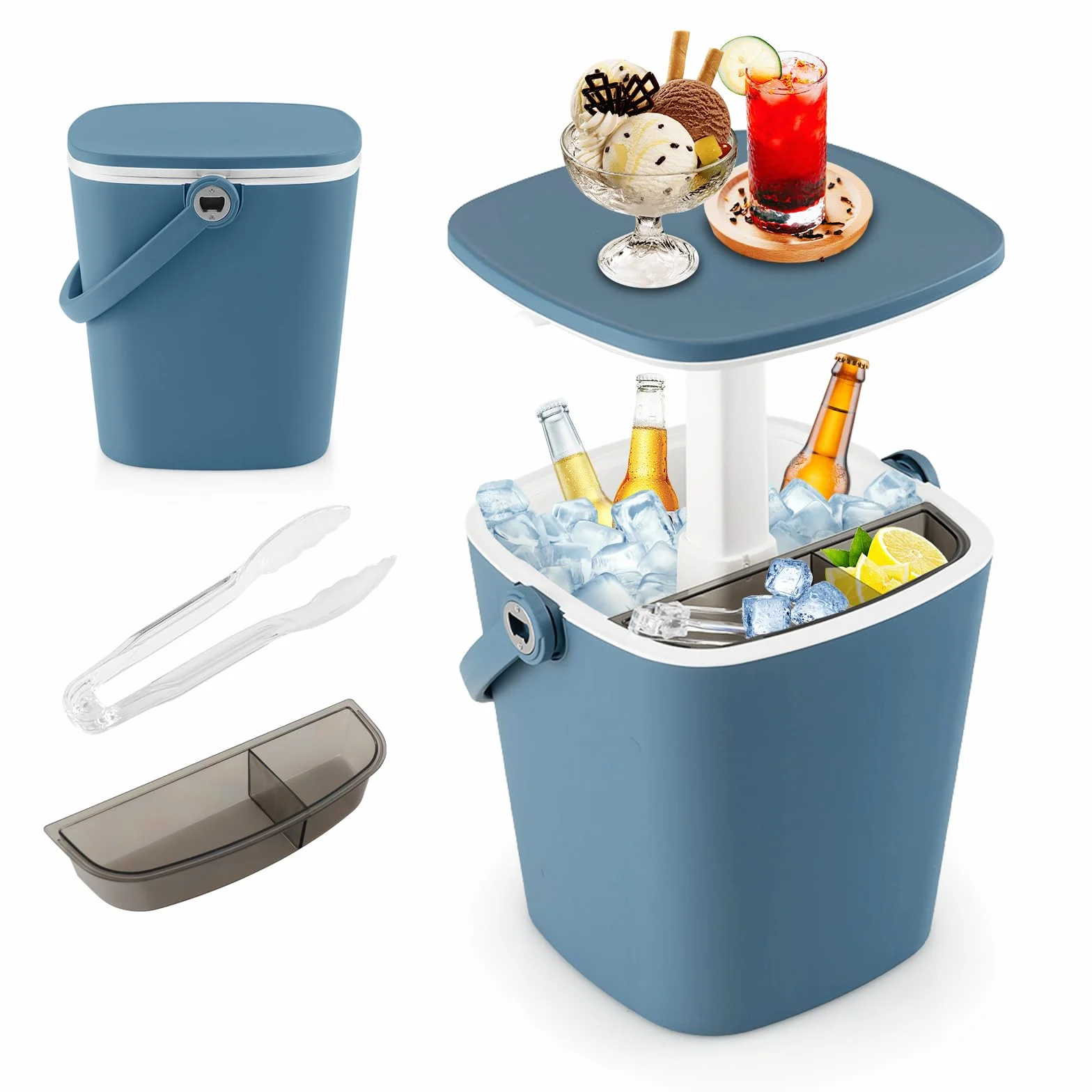 SOARS Bar Exterieur 3 en 1 15L Table d'Appoint Réglable en Hauteur 35 x 34 x 37-58 cm avec Boîte à Glace, Pince, Refroidissiment Jusqu'à 6H, Table pour Jardin Piscine Salon Chambre Bleu