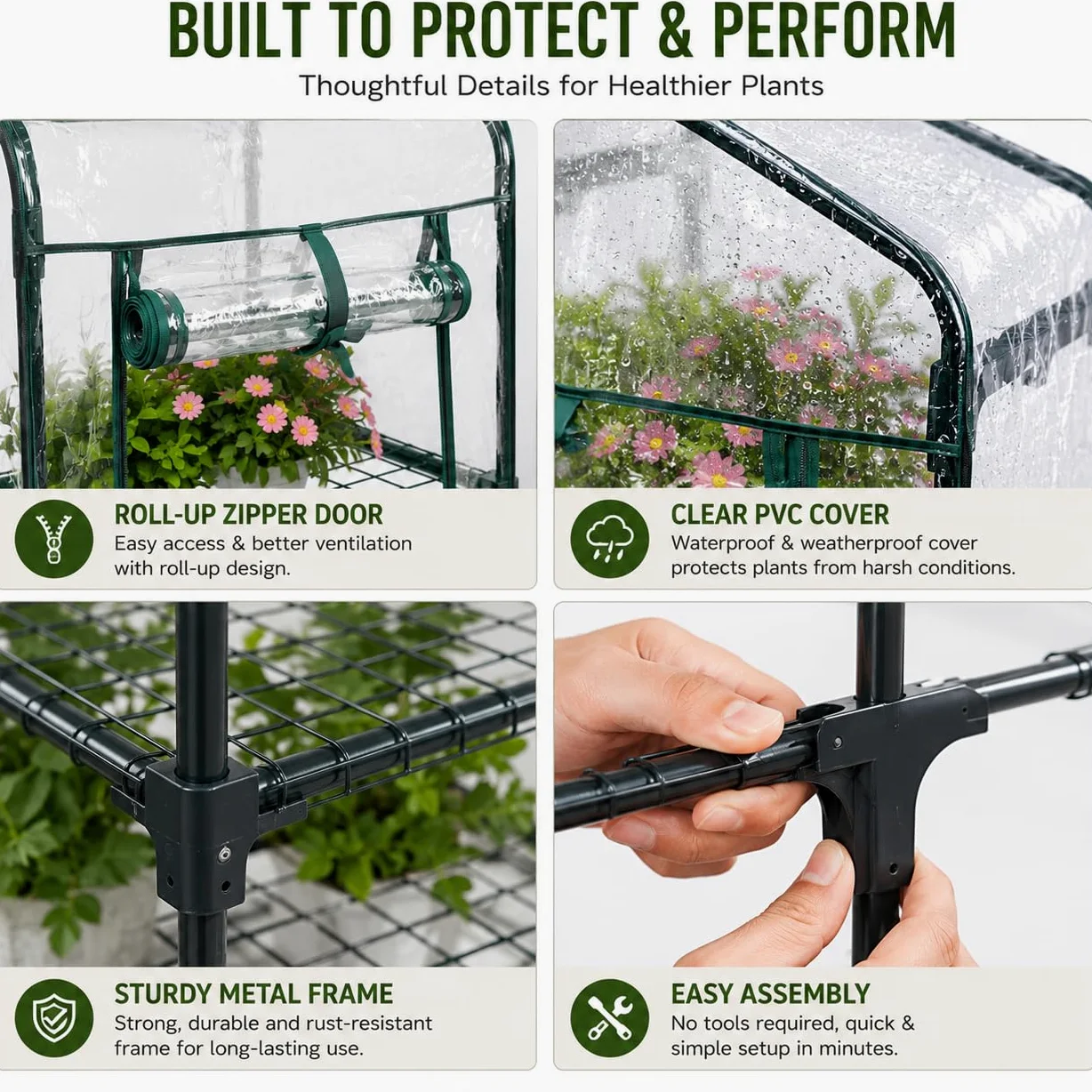 Mini serre de qualité supérieure à 4 niveaux avec cadre, étagères robustes, adaptée pour les plantes d'intérieur/extérieur, avec housse renforcée en polyéthylène enroulable résistante aux