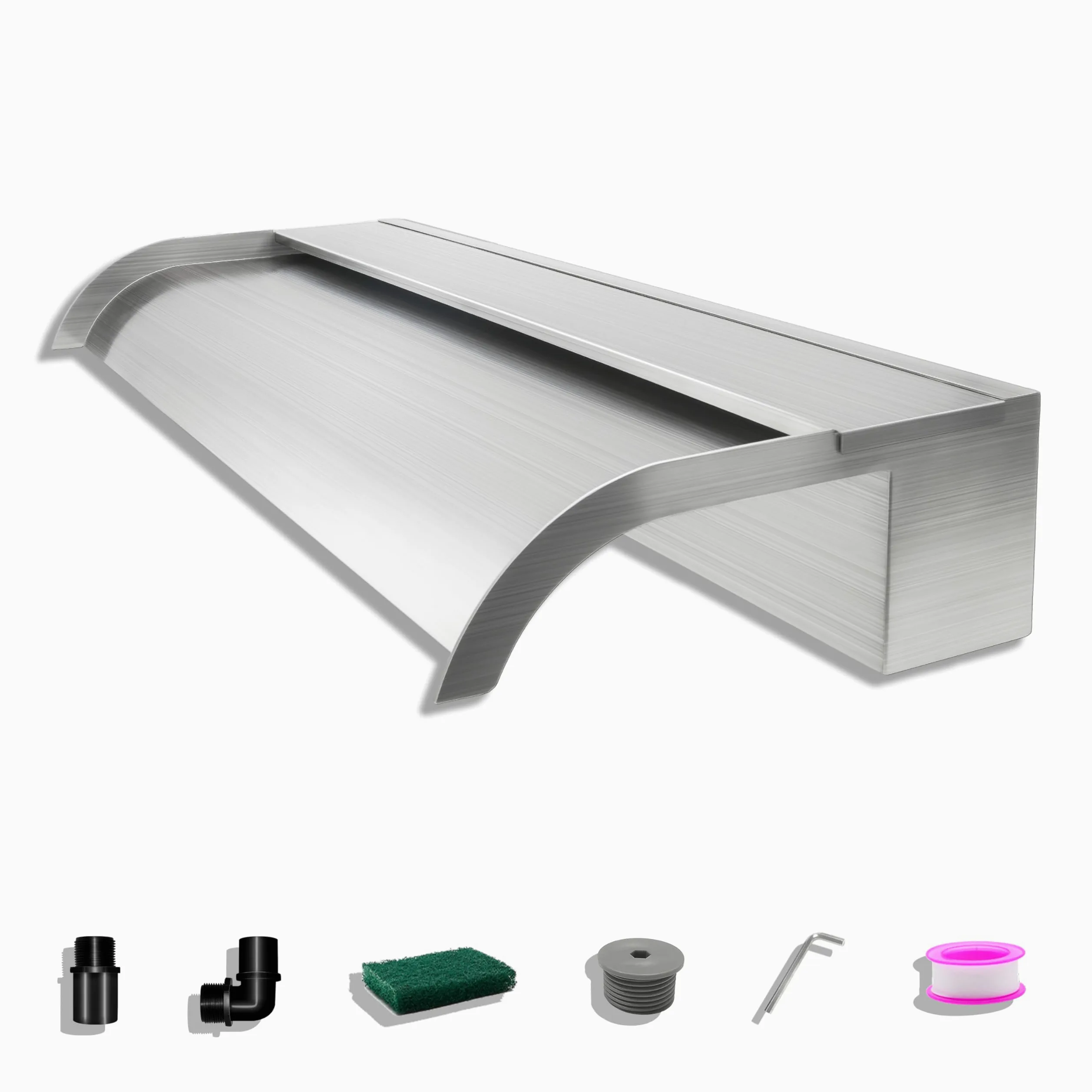 Fontaine De Piscine, Cascade Bassin Exterieur en Acier Inoxydable 60cm De Long, Déversoir De Sortie Incurvé De Largeur 18 cm avec Accessoires pour La Décoration D'étang, Patio,Jardin
