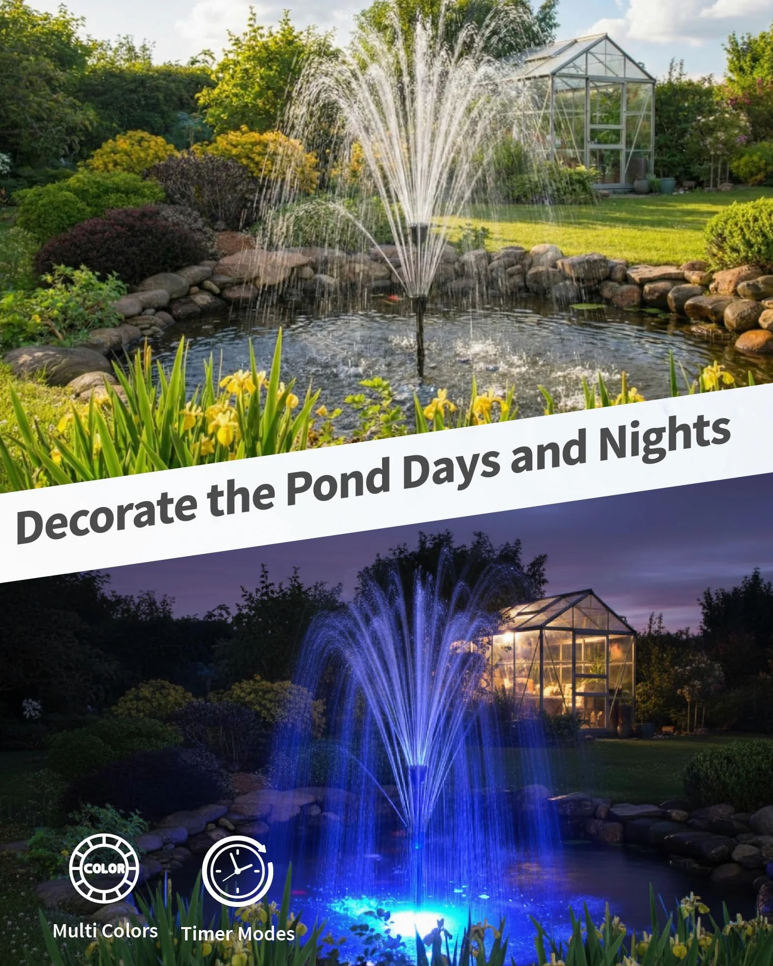 POPOSOAP Fontaine de Bassin Solaire avec lumières RGB - Pompe Submersible 40W, débit 2100L/h, Hauteur et débit réglables pour décoration Jour & Nuit et amélioration de la qualité de l’Eau