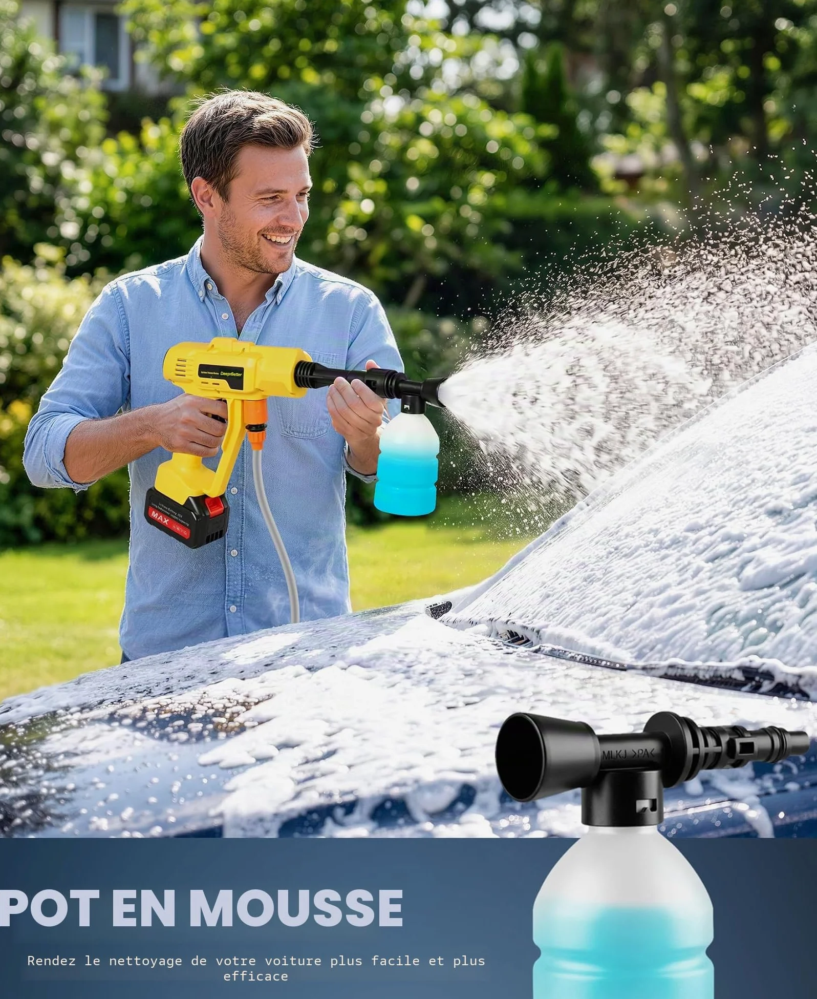 Nettoyeur Haute Pression sans Fil sur Batterie Rechargeable, 600PSI | Nettoyeur Haute Pression avec Buse Réglable 6-en-1, Pistolet Hautes Pressions sans Fil à 3 Vitesses réglables - Jaune