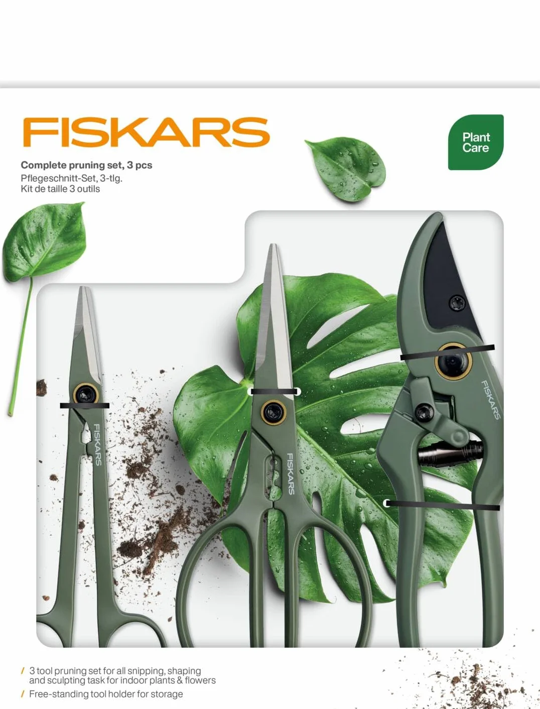 Fiskars Kit de Taille 3 Outils, Jardinage d'Intérieur | Sécateur de Précision, Sécateur et Cisailles pour Plantes avec Support, Acier Inoxydable/Plastique, Vert Foncé/Noir, 1075317