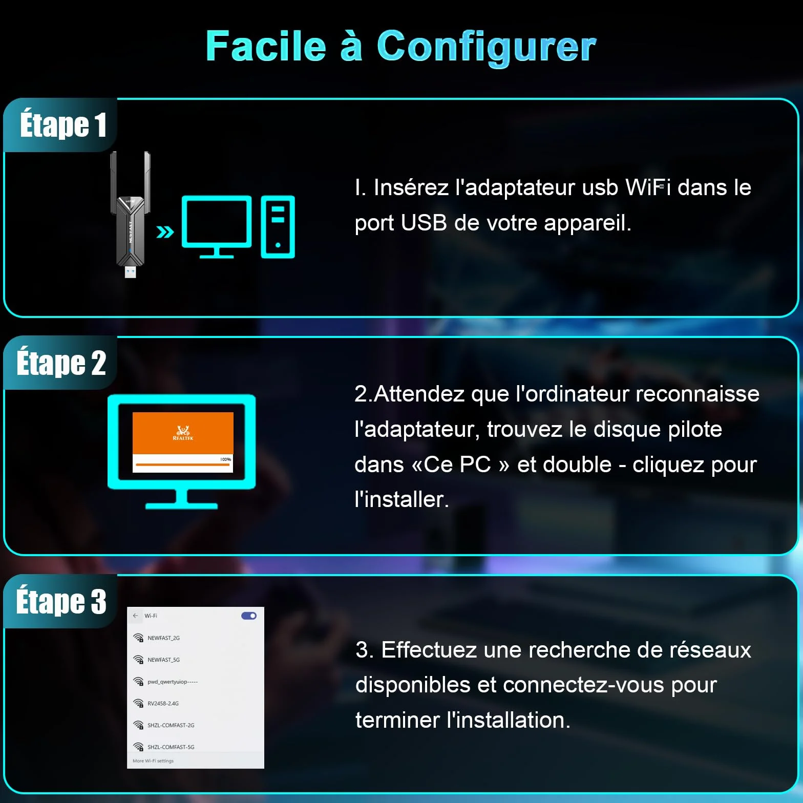 NEWFAST Clé WiFi 7 BE6500 U373 Tri-Bande USB 3.0 WPA3 Adaptateur WiFi pour PC