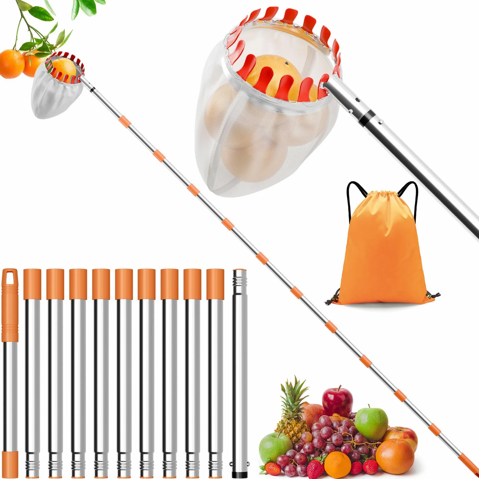 4,2 m Cueilleuse à fruits pour pommes et cerises avec manche télescopique Ø 16 cm | Cueilleuse à fruits sûre et confortable pour cerises, pommes, pêches, prunes avec sac en filet à fruits et sac de rangement