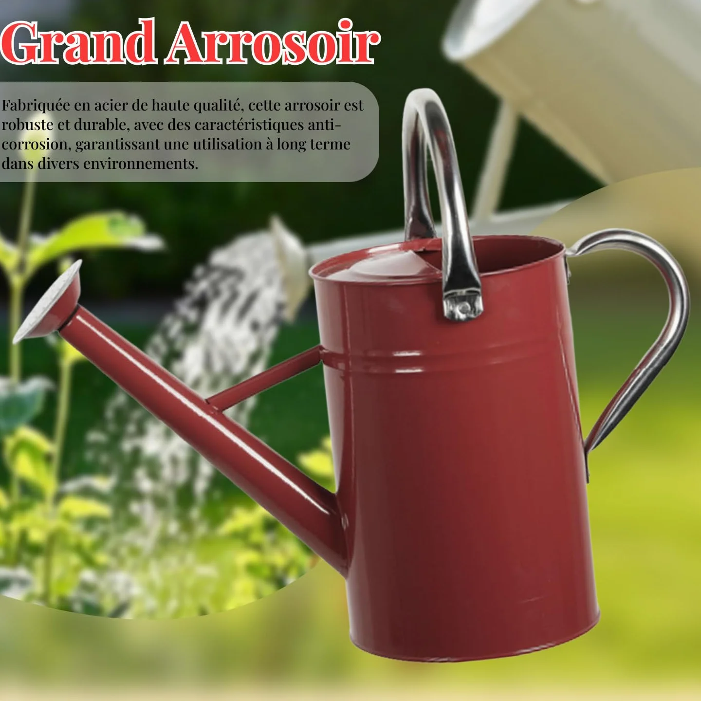 Arrosoir Jardin 5L, Arosoires Extérieur, Arrosoir en Métal pour Plantes Interieur avec Bec Amovible, Arrosoir à Fleurs avec Poignée Incurvée, Anti-Fuite, Construction Robuste et Antirouille, Rouge