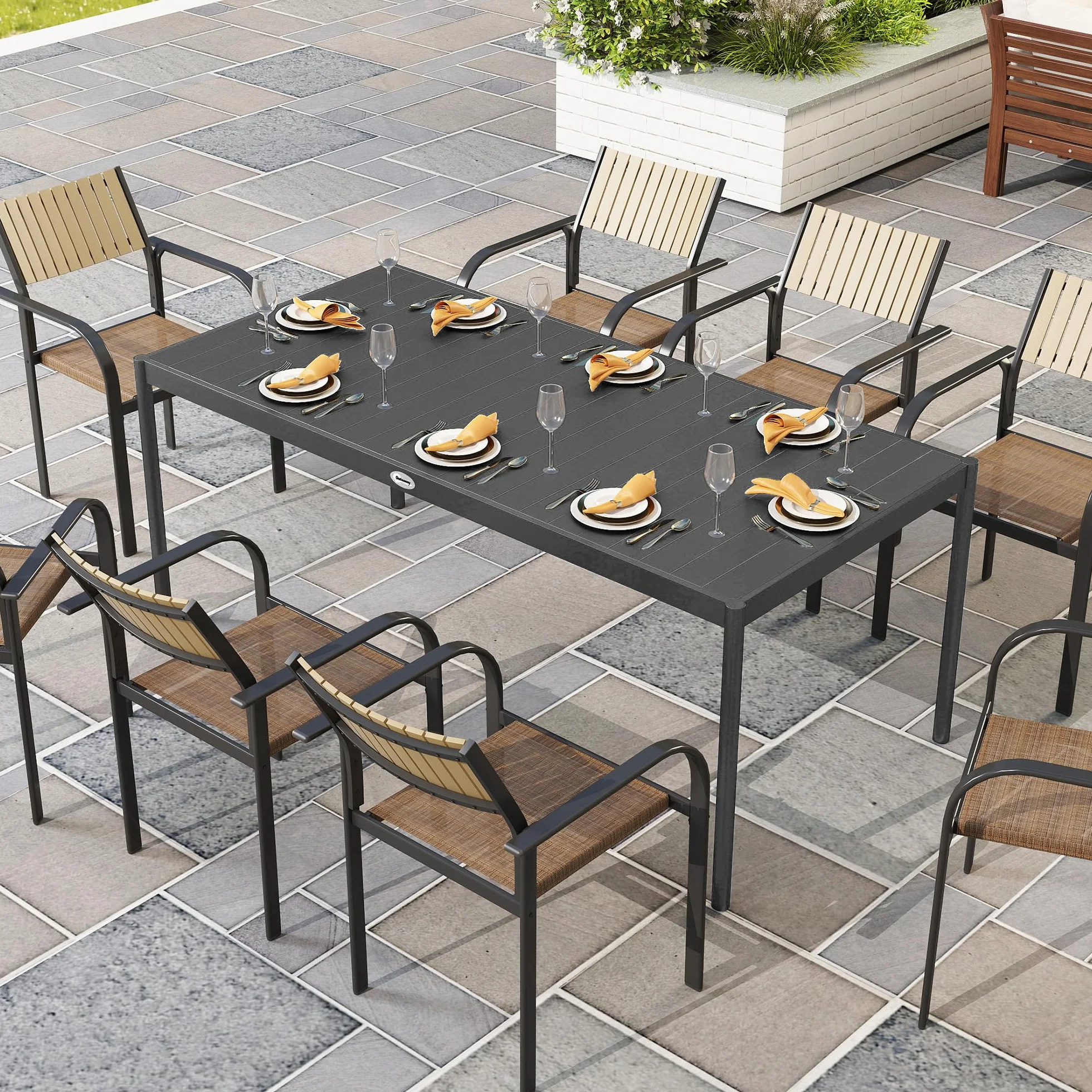 Outsunny Table à Manger de Jardin en Acier pour 8 Personnes, Plateau à Lattes Rectangulaire, Anti-Rouille, Gris Foncé