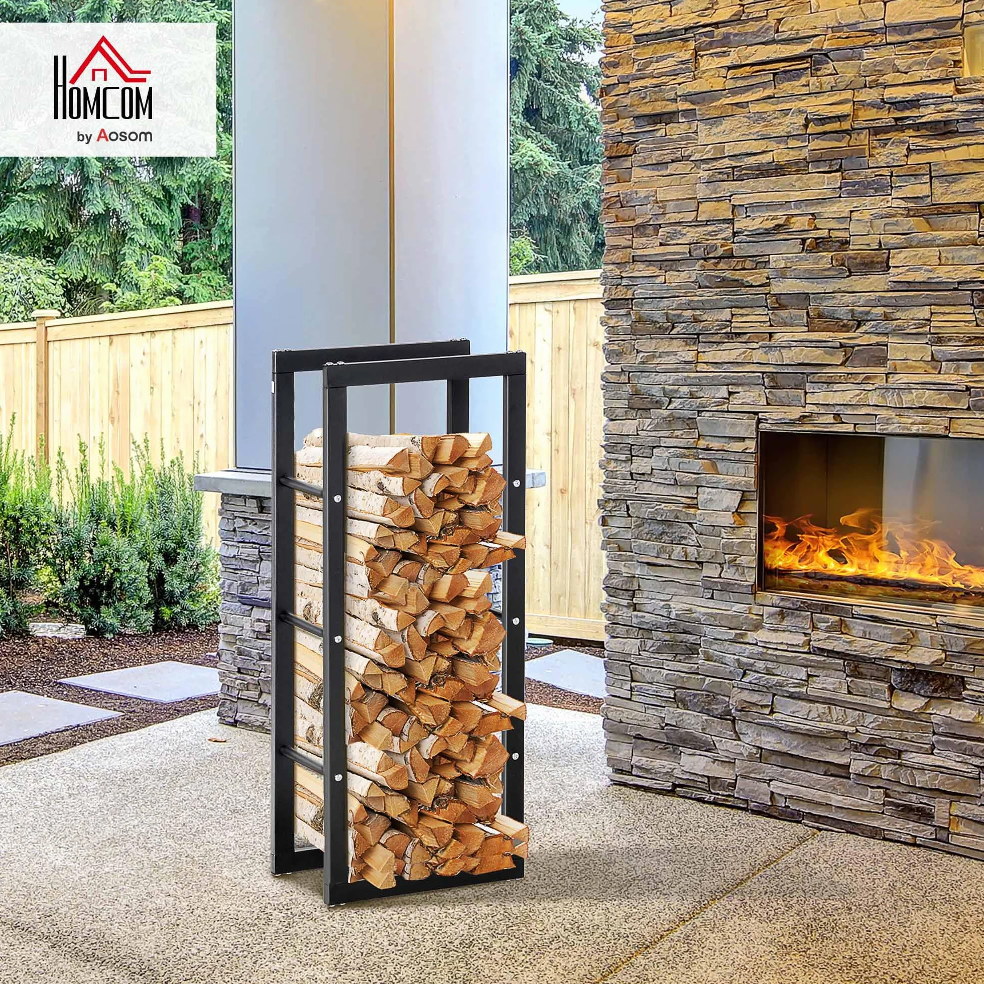 HOMCOM Range bûches porte-bois intérieur extérieur charge max 100 Kg 40L x 25l x 100H cm métal noir
