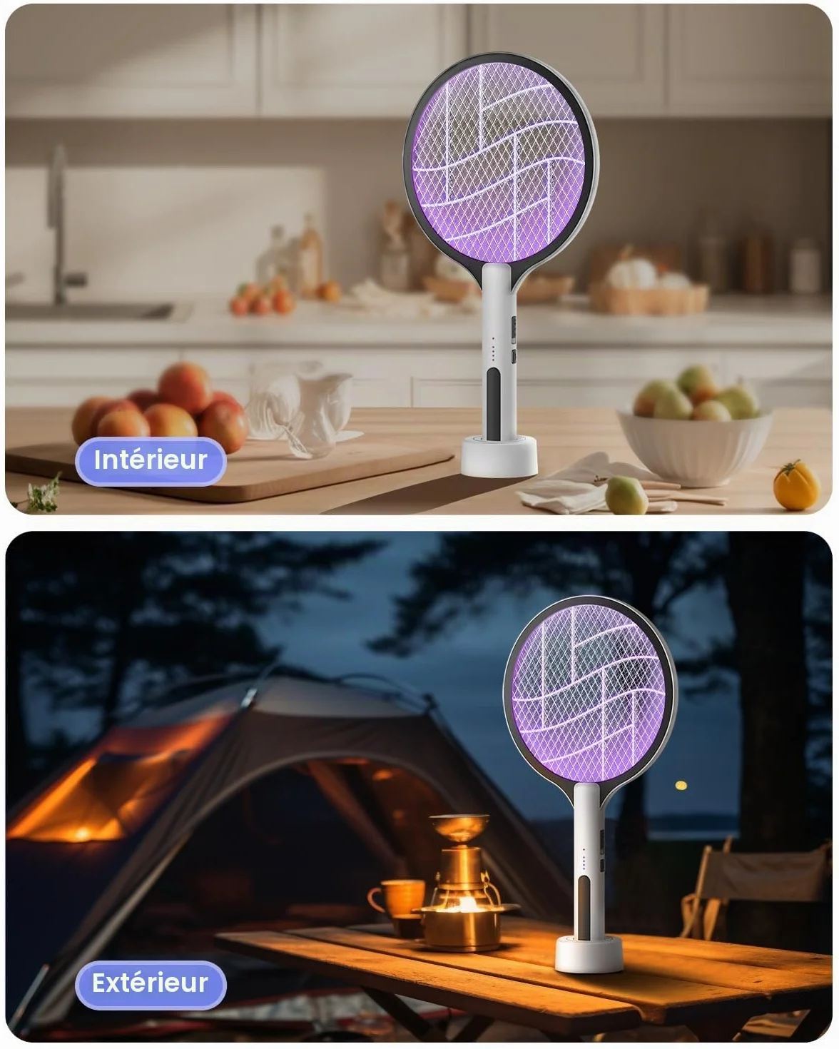DEEZEE Raquette à mouches électrique 4500V rechargeable 2 en 1 portable tueur de moustiques violet 3 couches de sécurité