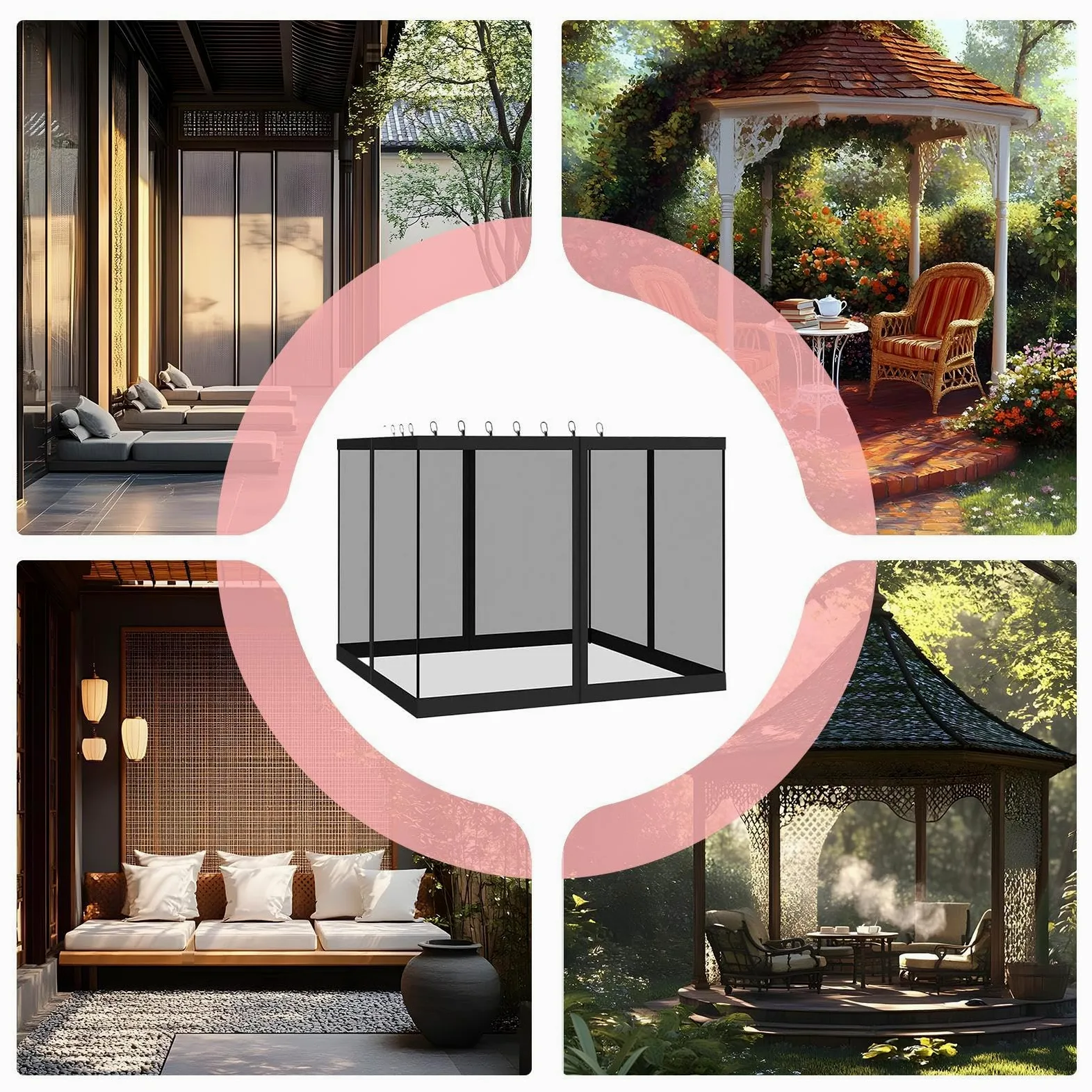 Filet pour Gazebo 4 Pièces Pare-Anti-Moucherons Ventilées | pare-pour tonnelle Pour Extérieur Arrière-Cour Patio Terrasse Balcon Jardin Camping Pique-Nique Camping-Car Été