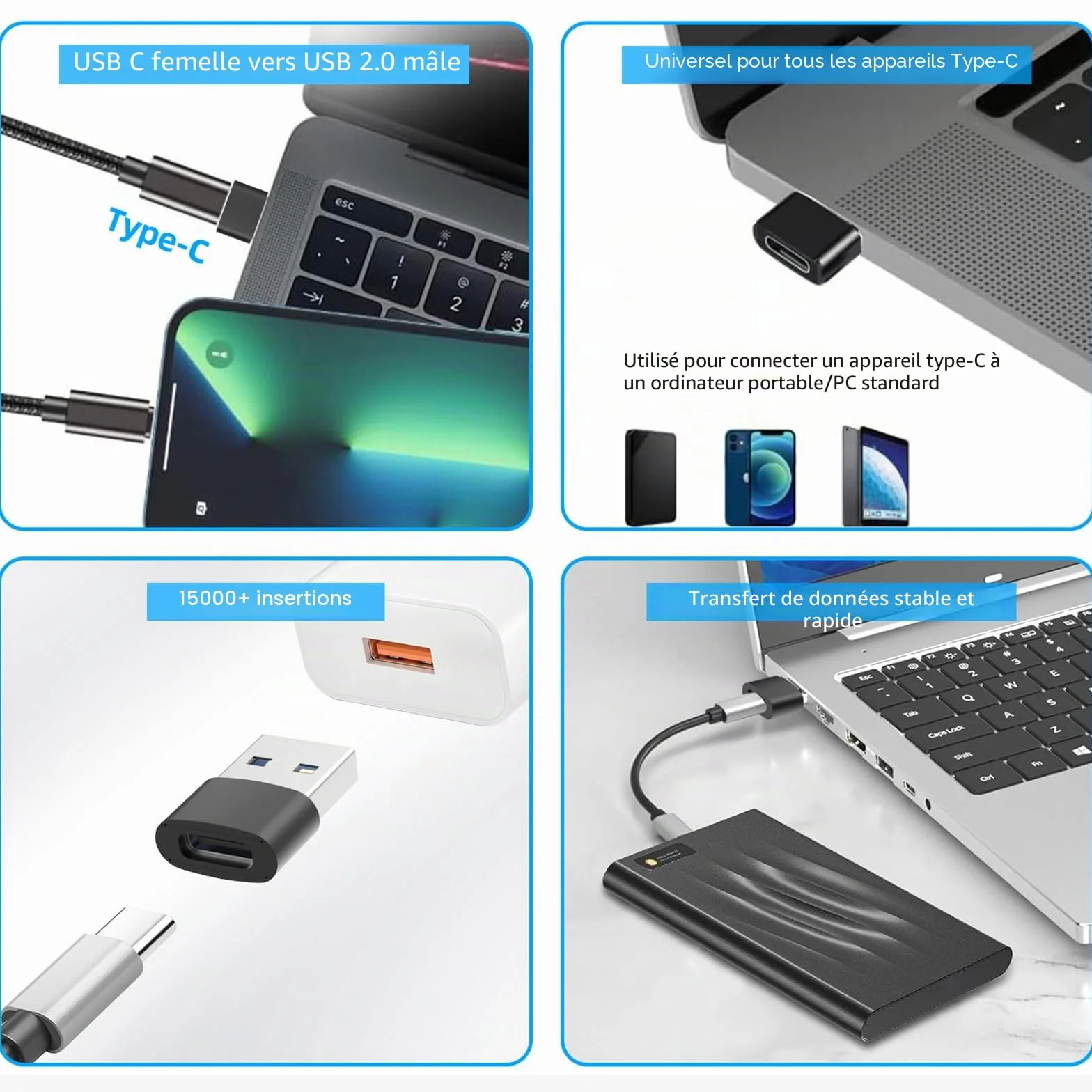 Adaptateur USB C vers USB 3.0 2 pièces Charge Rapide Data Sync Compatible iPhone 16 15 Plus Pro Max MacBook iPad Air Samsung