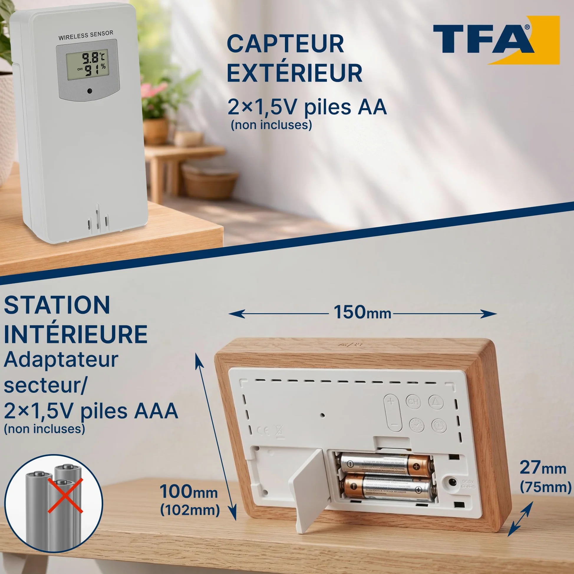 TFA Dostmann Station météo numérique, capteur extérieur sans Fil Oak, 35.1167.54, avec Cadre en Bois, température int./ext., recommandation de Ventilation, Horloge Radio-pilotée et réveil, Brun