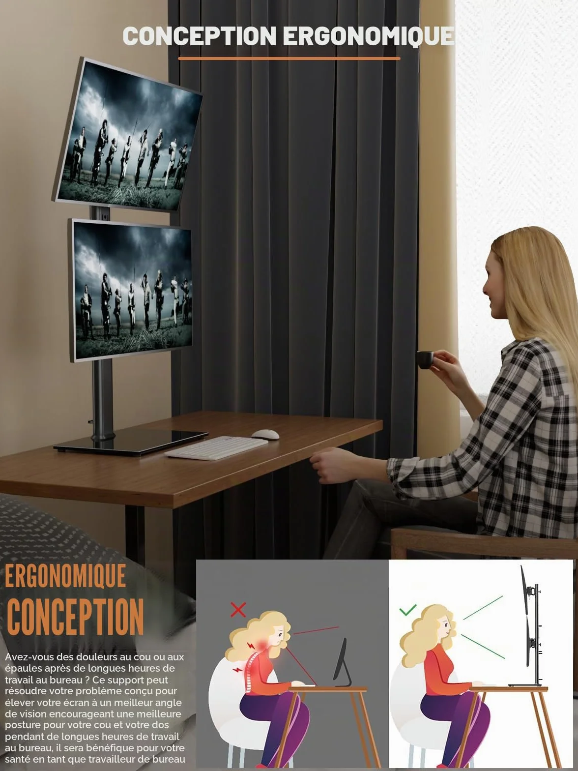 Support de Moniteur Double Vertical pour Deux écrans 13-34 Pouces, Pivotement, Inclinaison, Hauteur réglable, 44Lbs