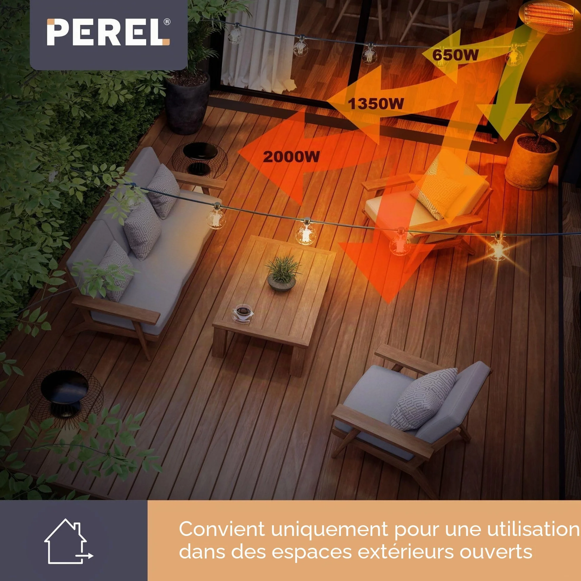 Perel Chauffage de terrasse 2000 W quartz montage mural résistant aux projections d'eau 3 niveaux de chauffe noir