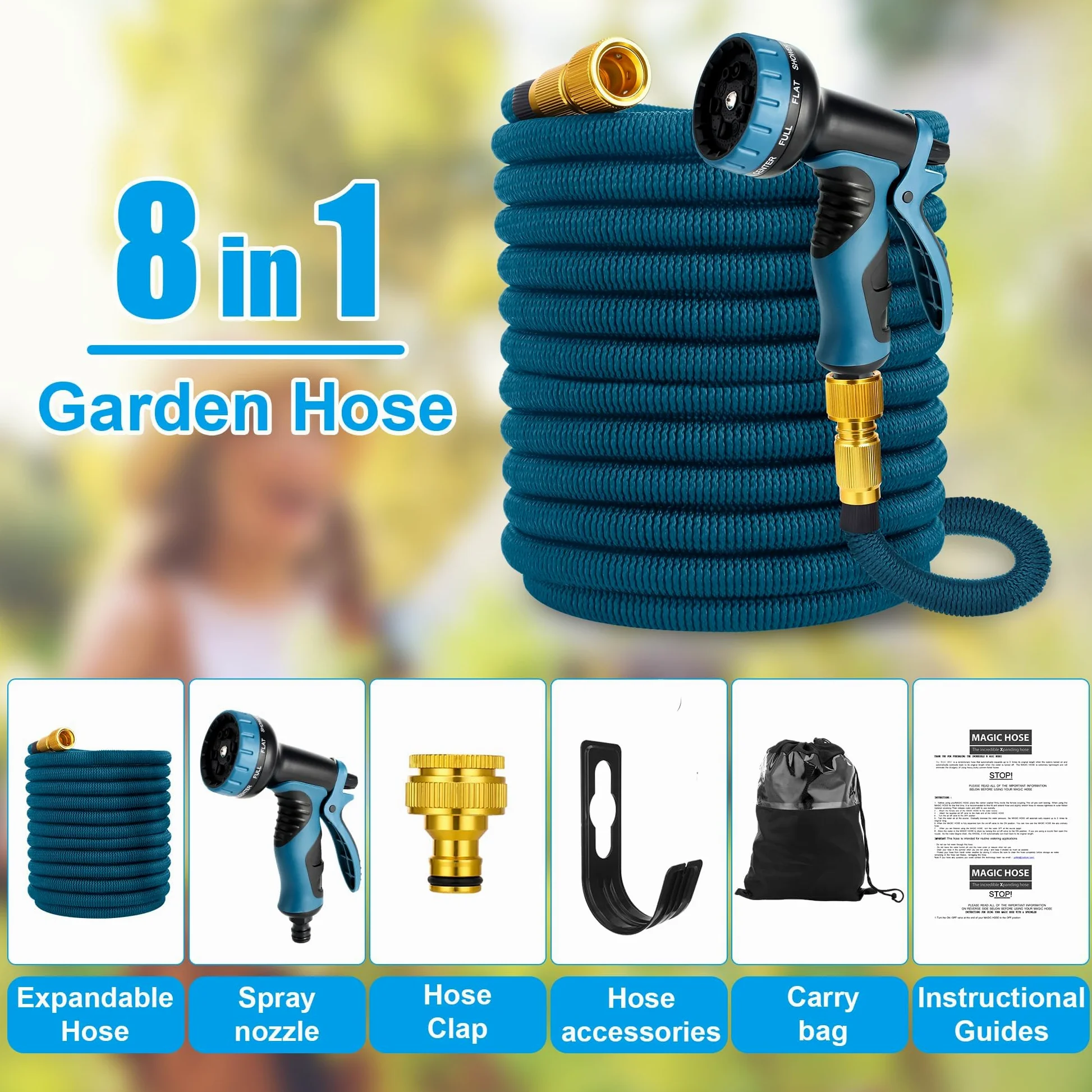 Sylken Tuyau d'arrosage extensible - 3 fois extensible - Flexible - Léger - Pistolet pulvérisateur à 10 fonctions - Tuyau d'arrosage magique pour jardinage, terrasse, voiture, lavage des animaux