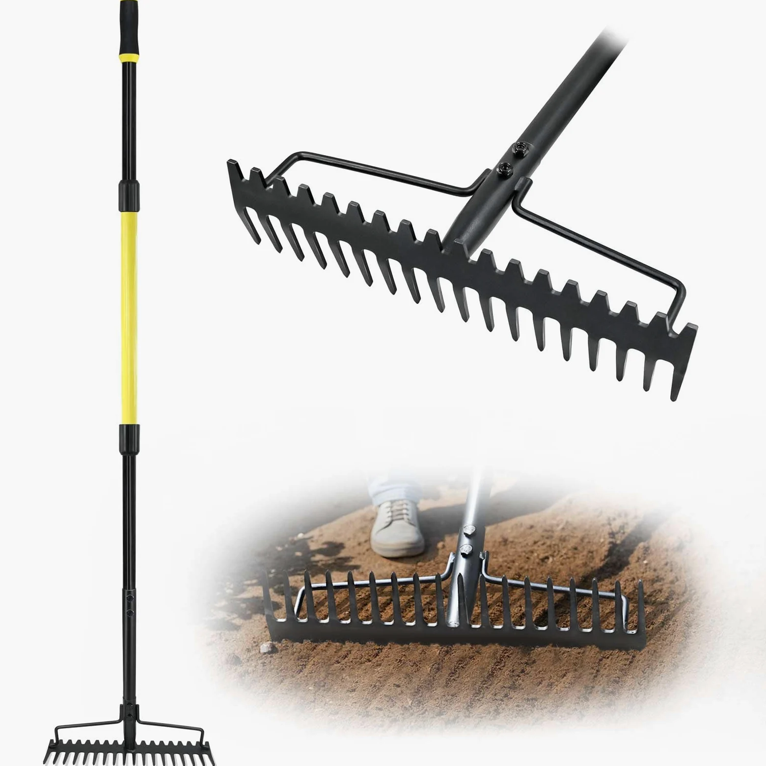 Jardineer Râteau d'arc robuste à long manche en métal pour gravier, roches, pelouses, feuilles, nivellement du sol, aménagement paysager, râteau de jardin avec 18 dents en acier (150 cm)