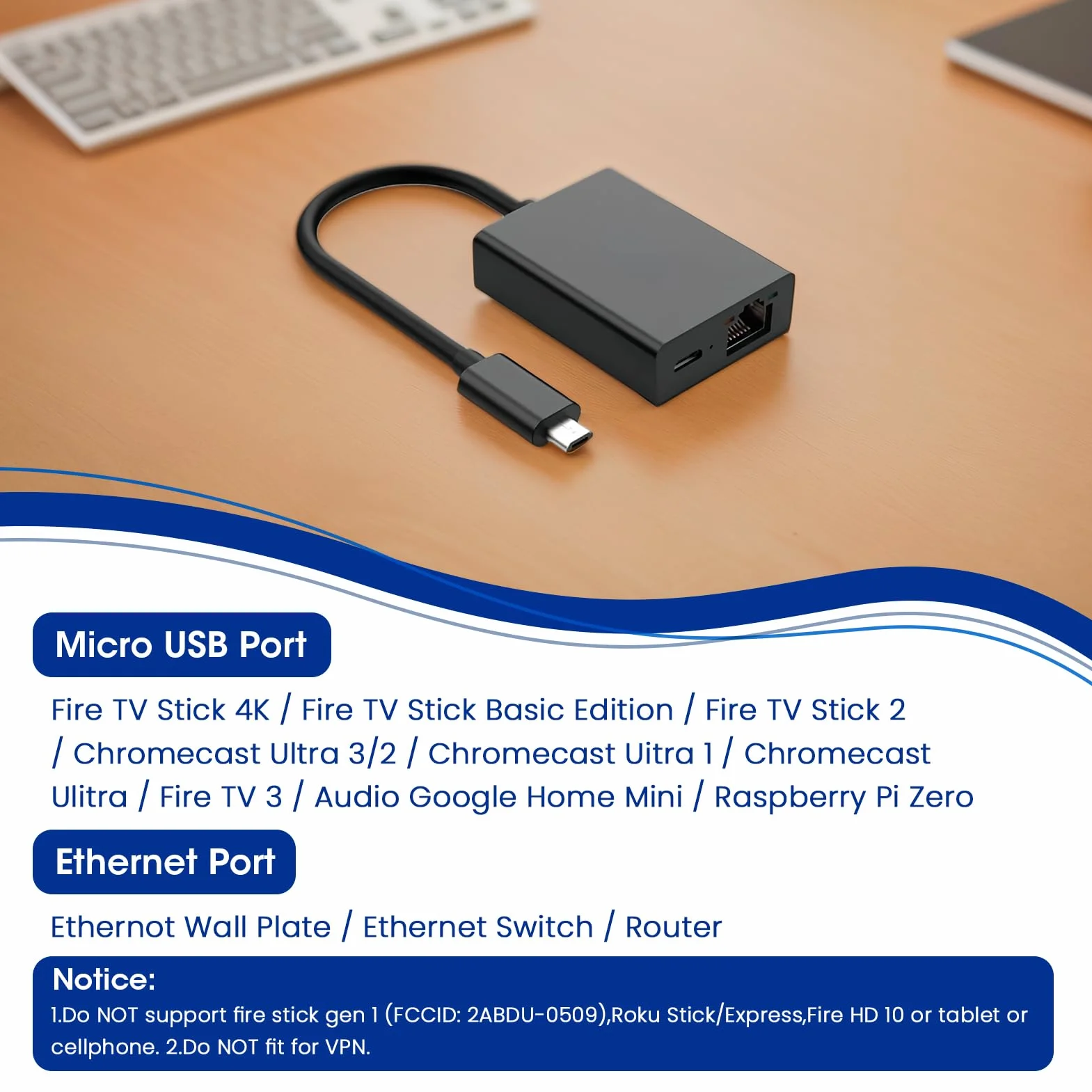 Adaptateur Ethernet USB vers RJ45 100 Mbit/s pour Fire TV Stick, Firestick 4K, Chromecast, Google Home Mini, Noir