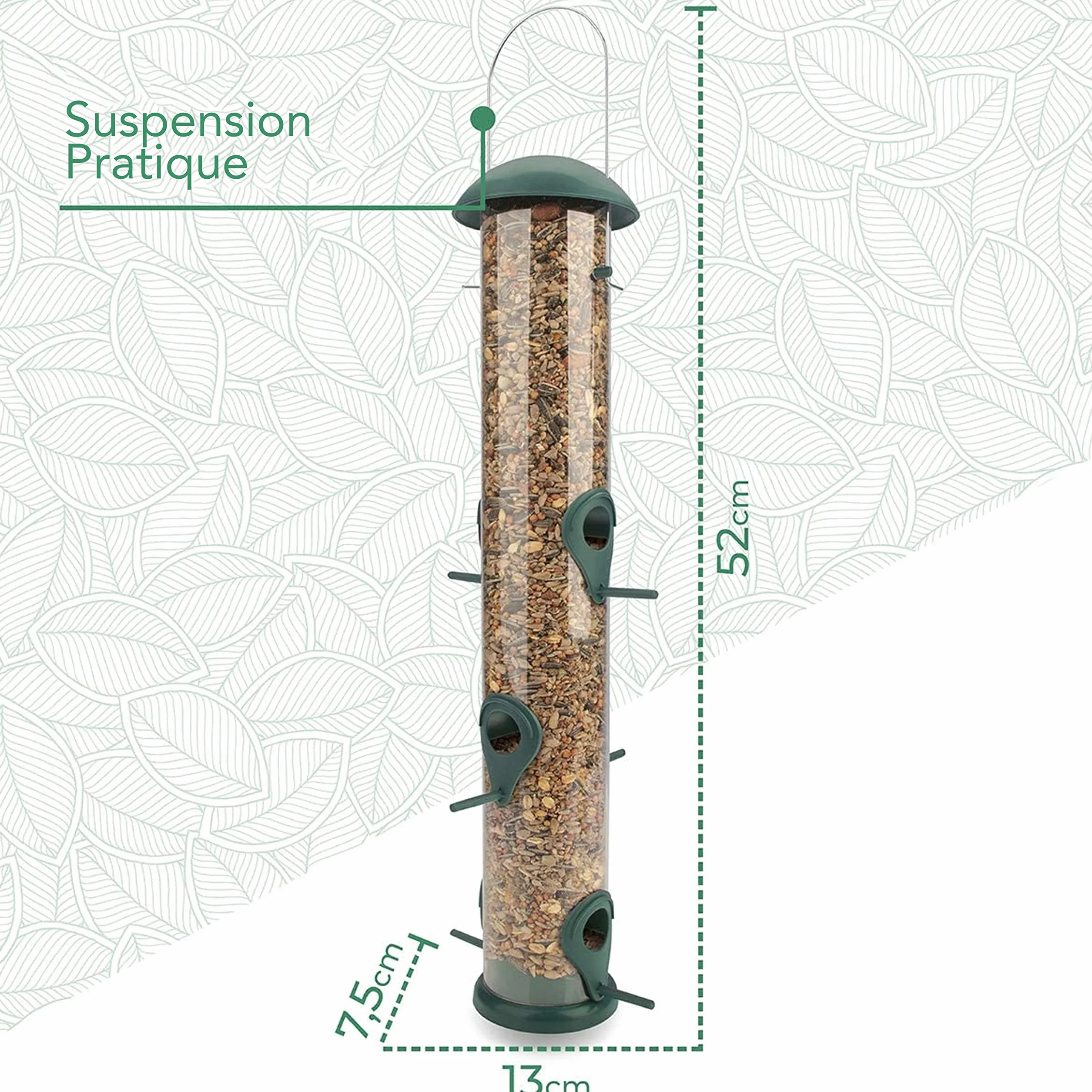 Mangeoire Oiseaux Exterieur à Grain 40cm Vert 6 Points d'Approche Nichoir Oiseaux Sauvages Silo Alimentation