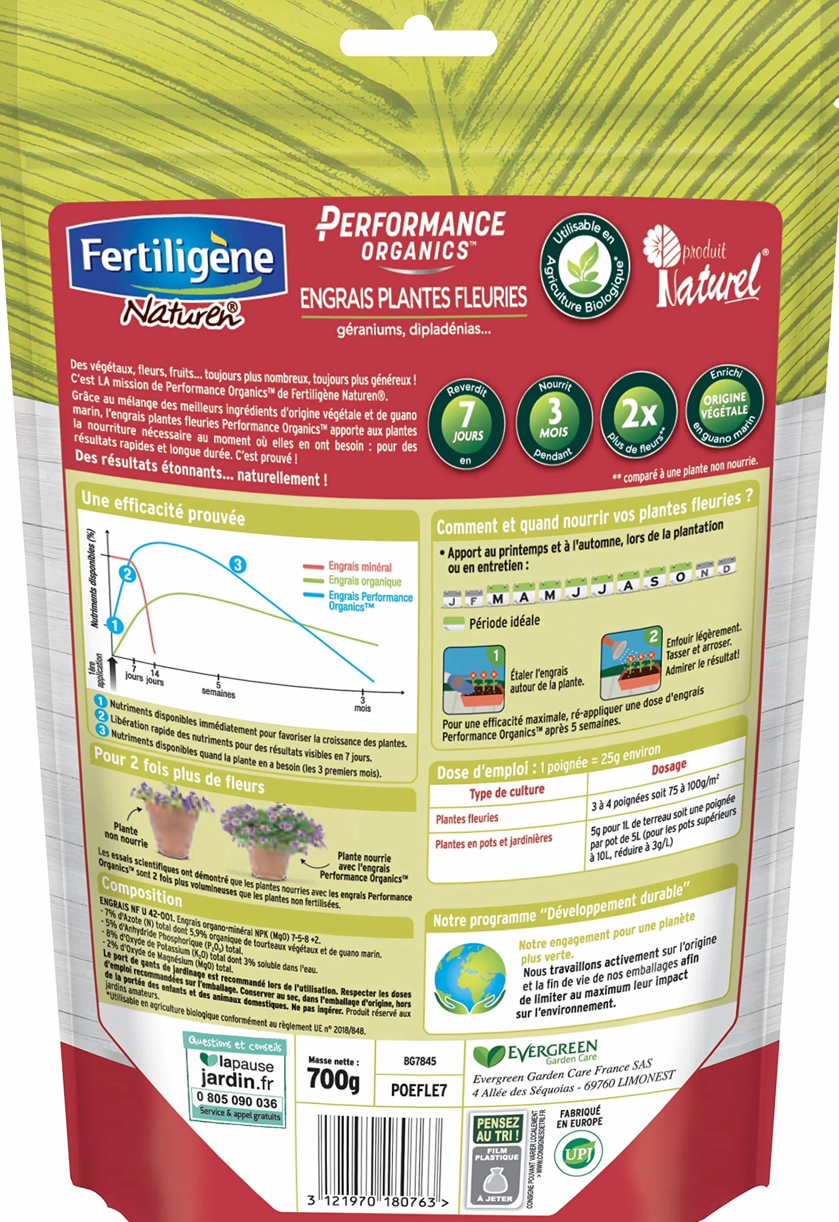 FERTILIGENE NATUREN POEFLE7 Engrais Granulés Performance Organics Plantes Fleuries 700 g Pour 9m²
