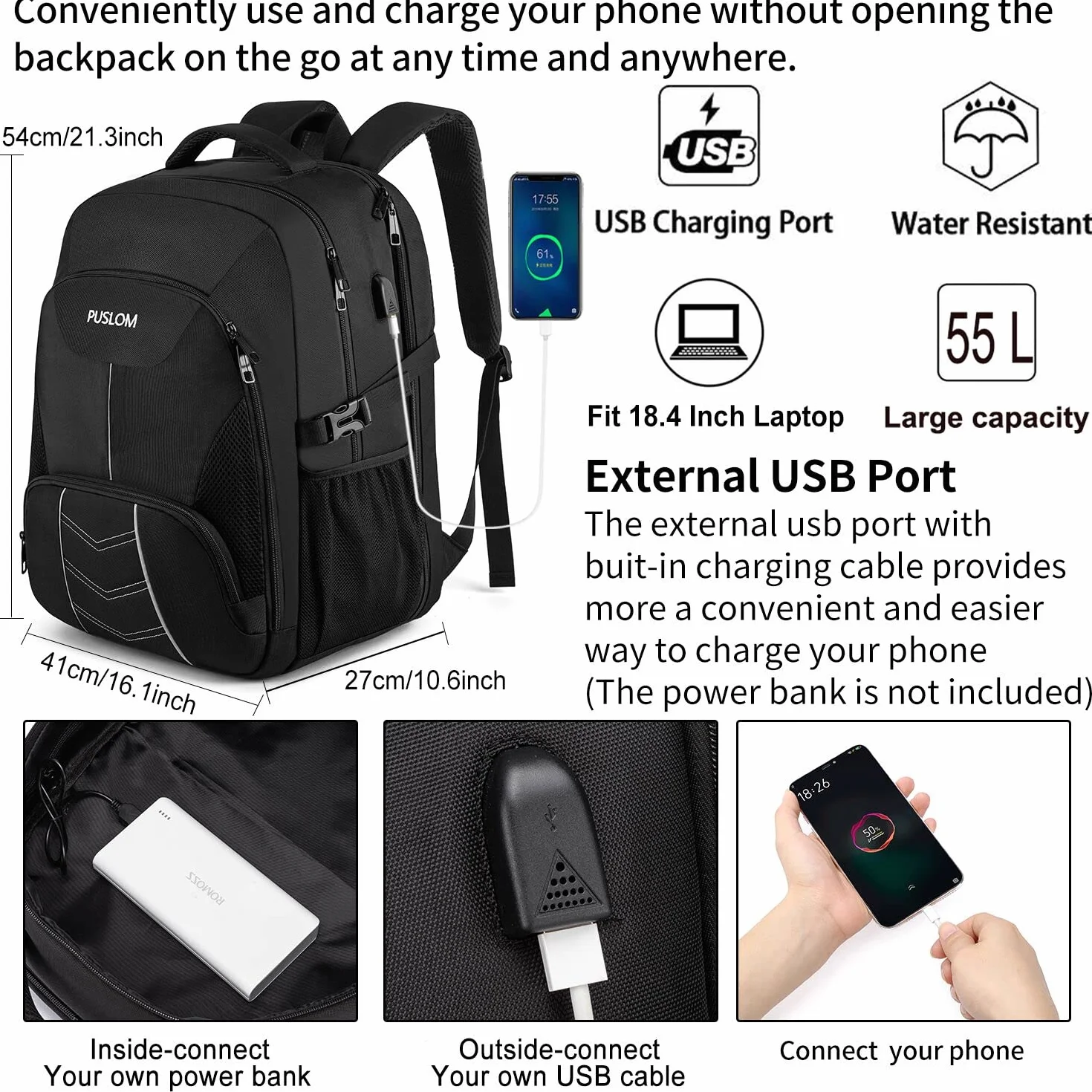 Sac à Dos Homme Grand 55L Antivol Imperméable avec Chargement USB pour Ordinateur Portable Voyage - Noir