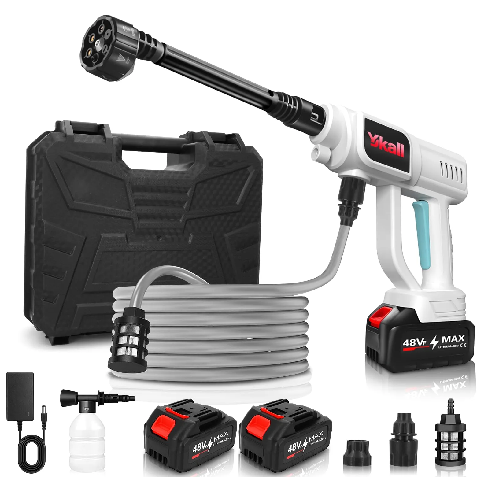 Nettoyeur Haute Pression Portable sans Fil, 6-en-1 Buse Multifonction | Buse 6-en-1, batterie longue durée et tuyau 5 m. Parfait pour la voiture, le jardin, les vitres et la piscine.