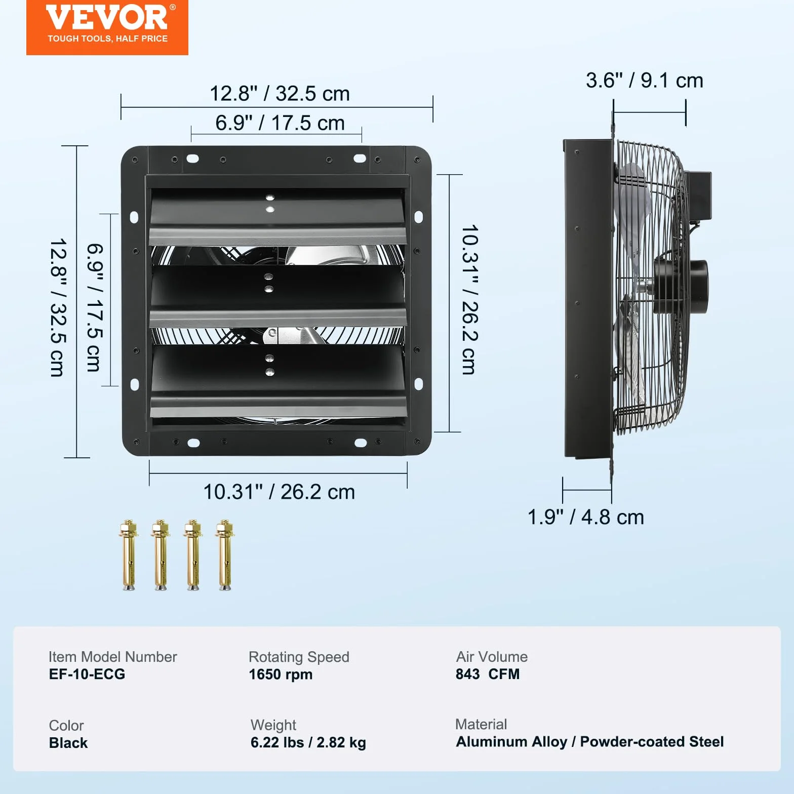 VEVOR Ventilateur d'extraction à volets 25,4 cm 1400 m³/h Moteur EC avec contrôleur de température et d'humidité