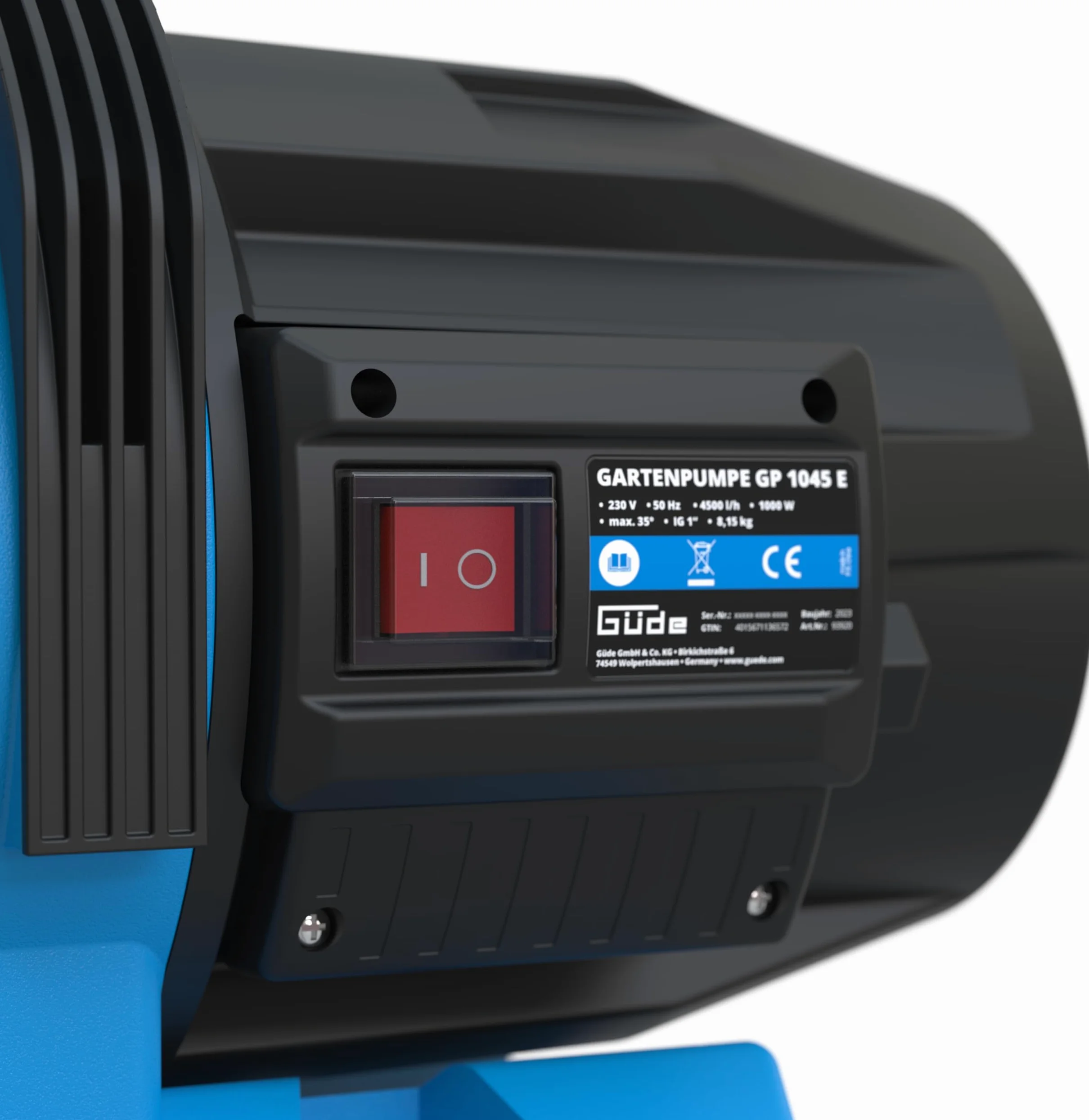 Güde Pompe de jardin GP 1045 E (1000 W, débit : 4500 l/h, hauteur de refoulement max. : 45 m, hauteur d'aspiration max. : 8 m, boîtier de pompe en acier inoxydable, roue norylle, disjoncteur thermique