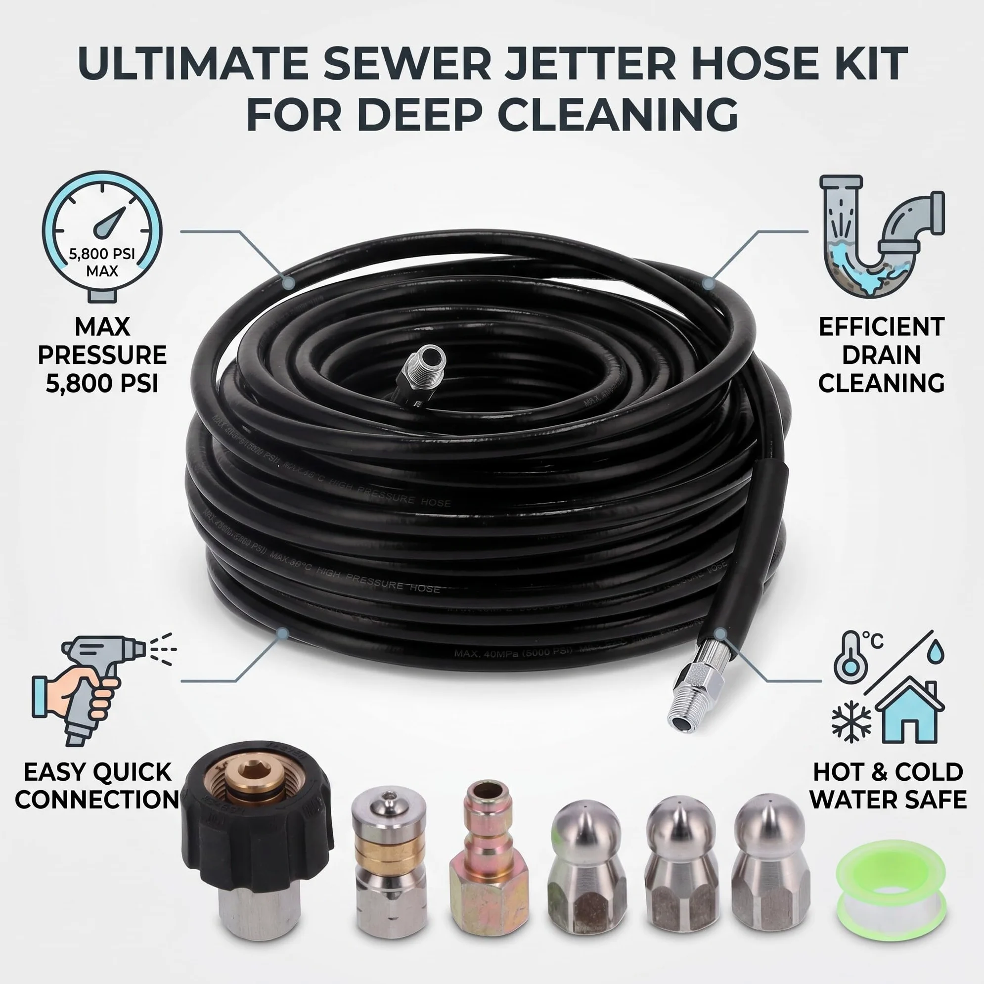 30m Tuyau de Nettoyage Haute Pression, Tuyau de lavage Tuyau de Remplacement pour les Nettoyeurs Double couche renforcée Cliquez sur Plug Quick Connector 5800 PSI