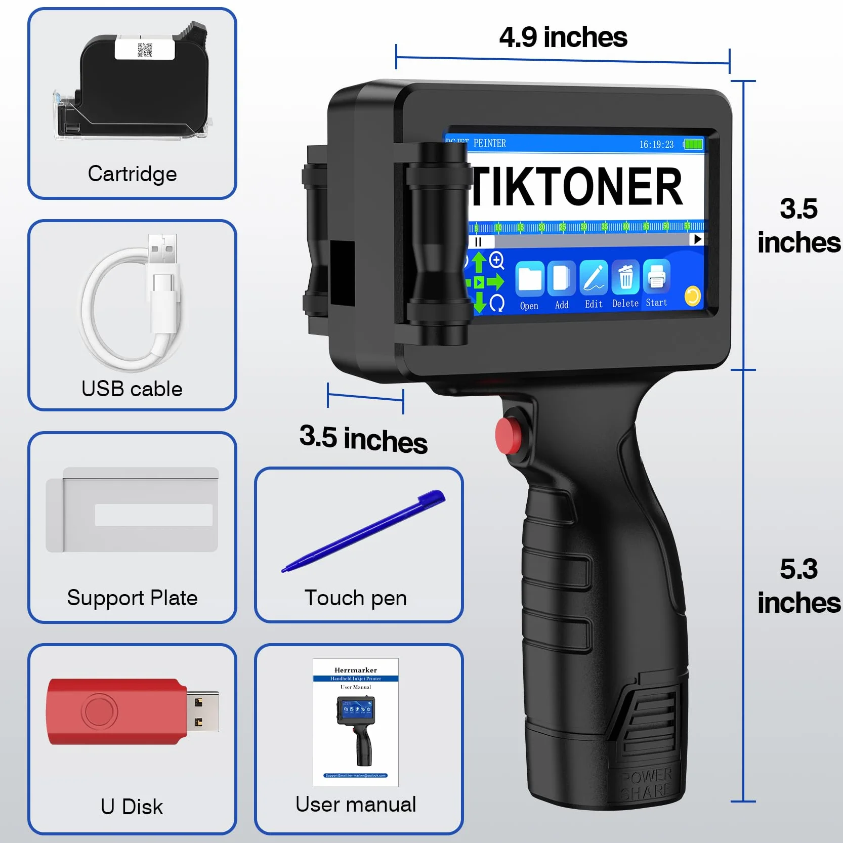 Imprimante à Jet d'encre Portable TIJ314, Pistolet d'Imprimante à Main 42ML, Écran Tactile 4,3" pour Texte, QR Code, Code-Barres