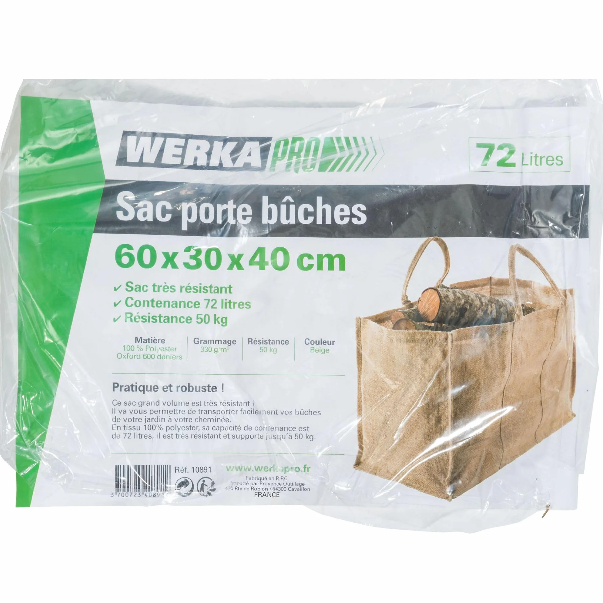 WERKA PRO Sac Porte Bûches Polyester 72 Litres 600D 60x30x40 cm Beige