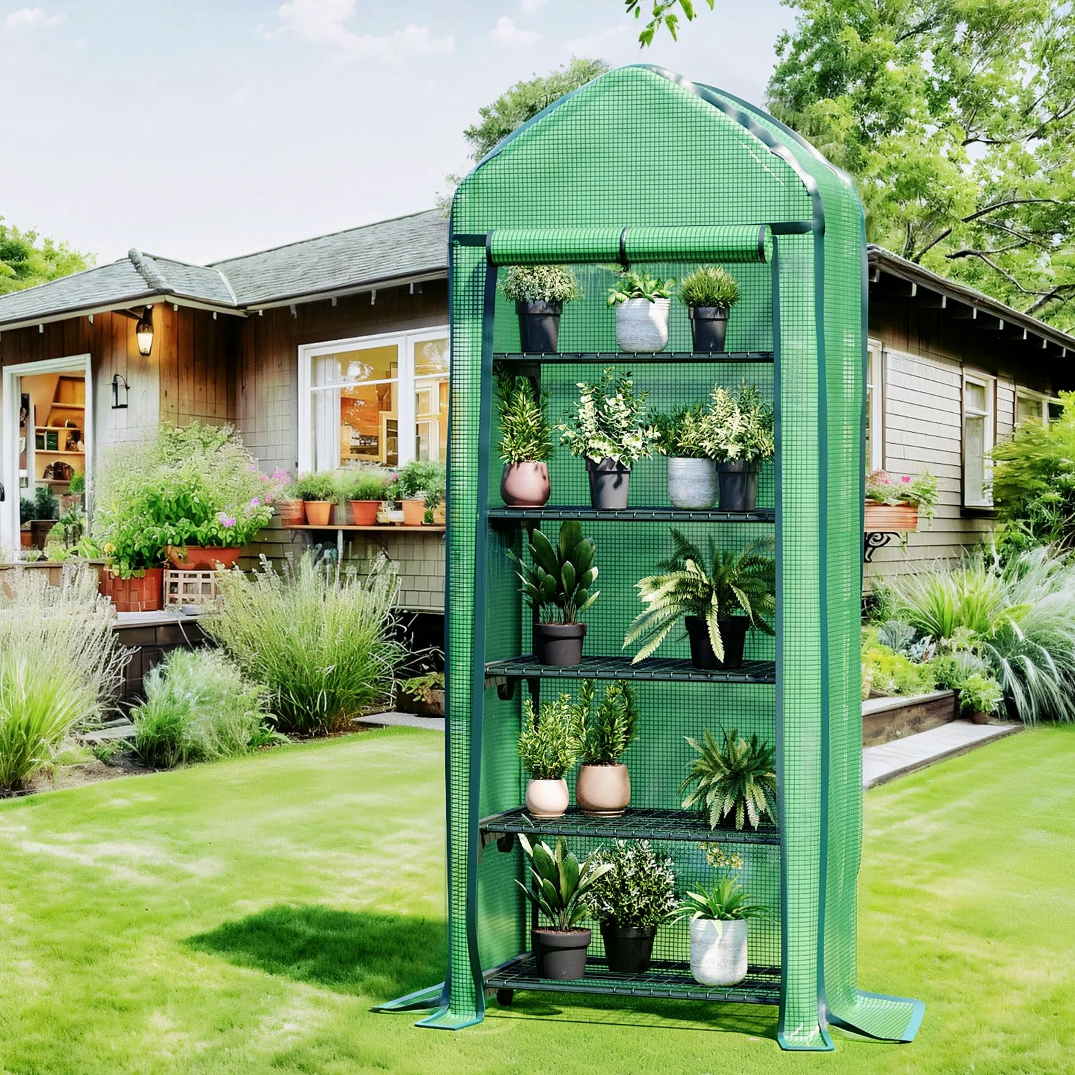 LARMNEE Mini Serre de Jardin 5 Étagère Grillagées, Cadre métallique et 140 g/m² PE Film Amovible, Porte Enroulable, Stable, Intérieur, Balcon, Terrasse, Jardin, 69 x 49 x 193 cm, Vert EGN05GH02