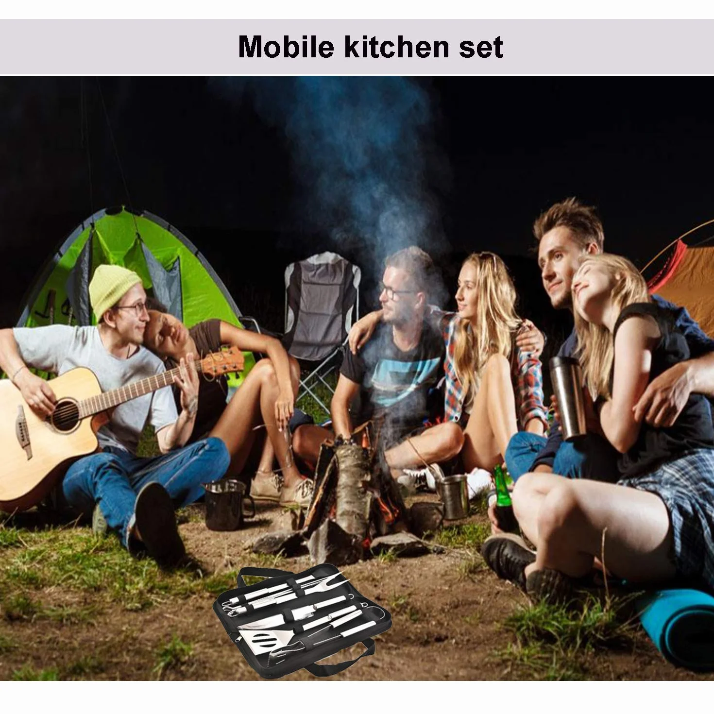 Outil de Barbecue en Acier Inoxydable Portable avec étui de Transport pour Camping