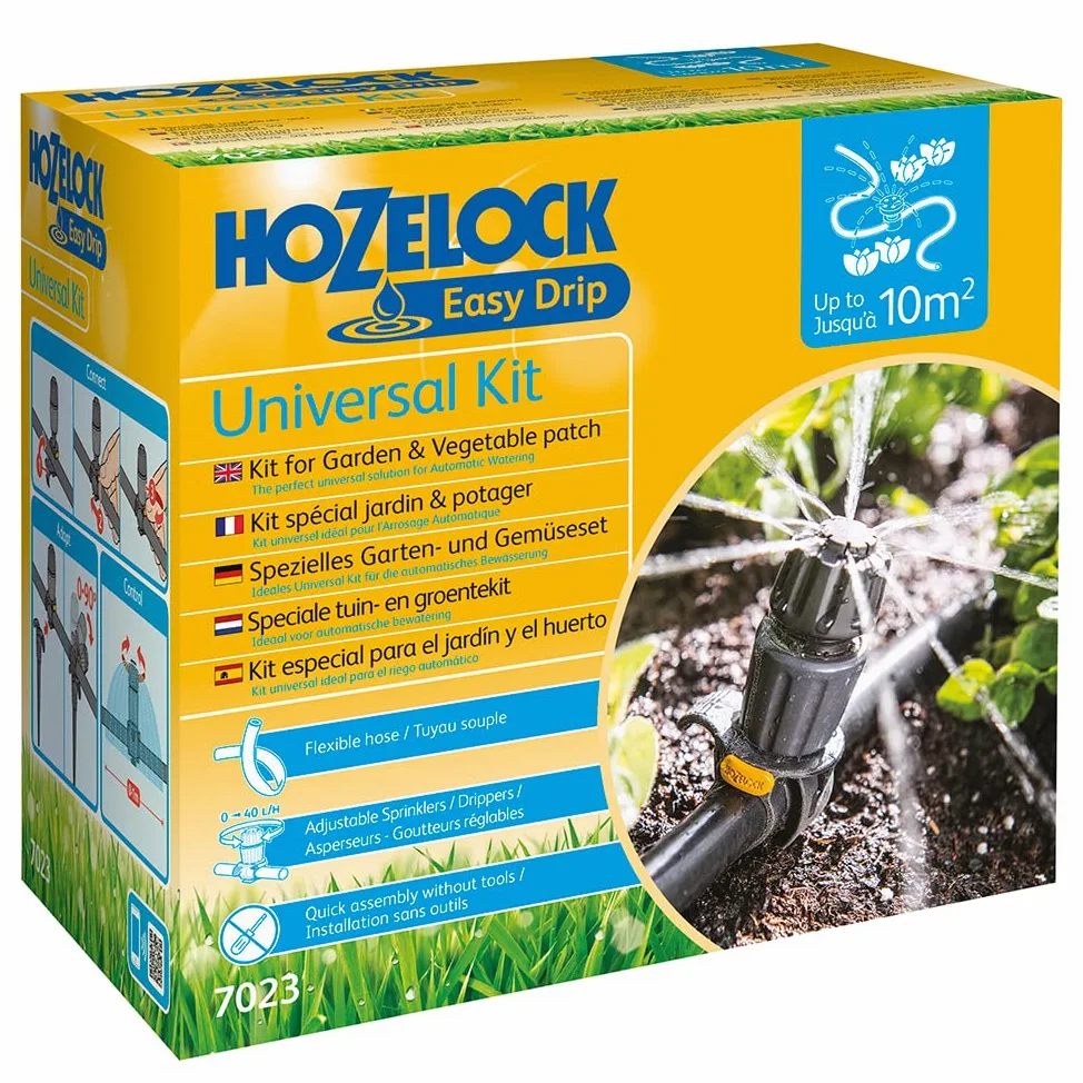 HOZELOCK - Kit d'Arrosage Goutte-à-Goutte Universel : Idéal pour Bordures, Parterres et Potagers, Facile d'Utilisation avec les Goutteurs/Asperseurs Universels Easydrip, 15M de Tuyau [7023 0000]