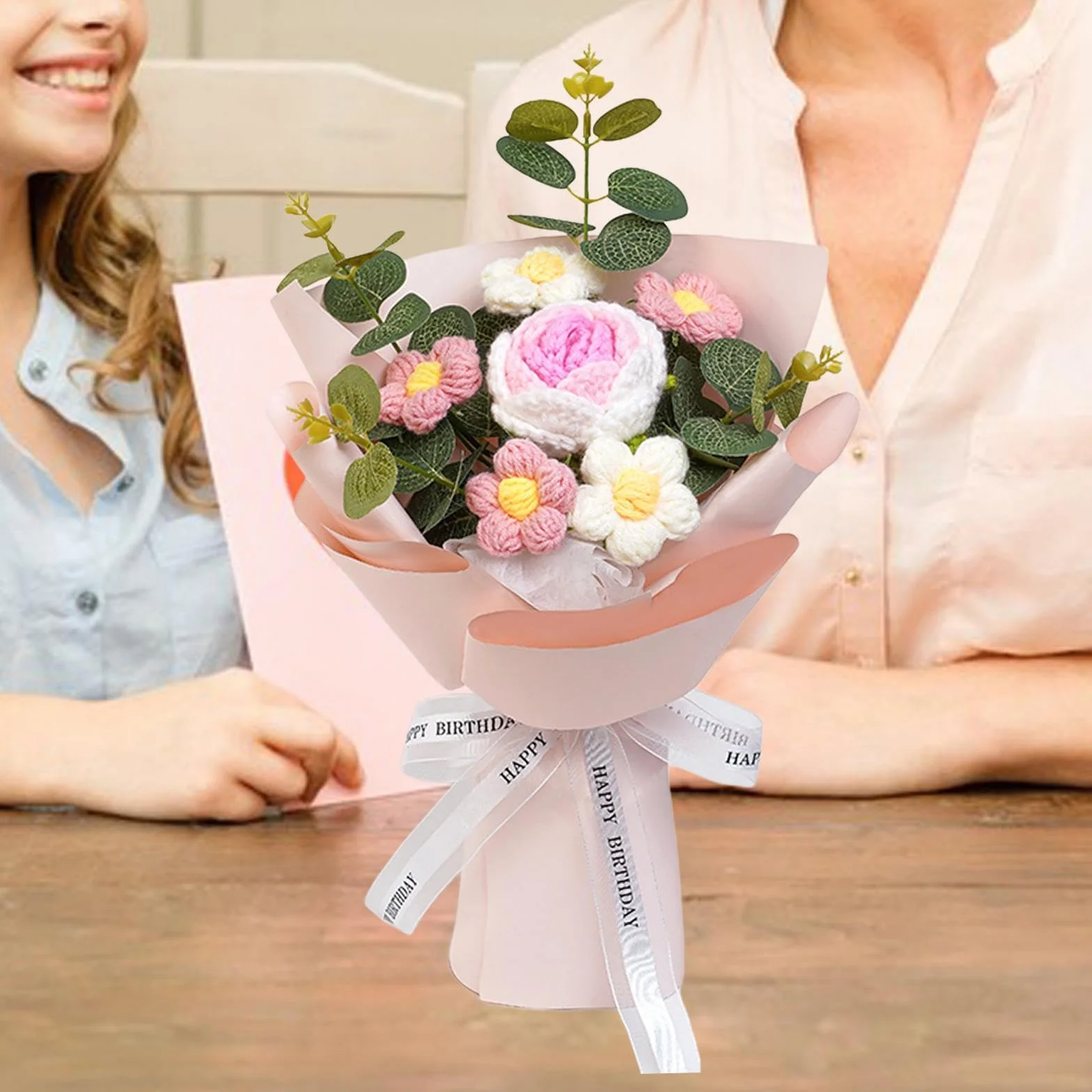 Qianly Rose au Crochet, Fleur Tricotée, Cadeau Saint-Valentin Anniversaire