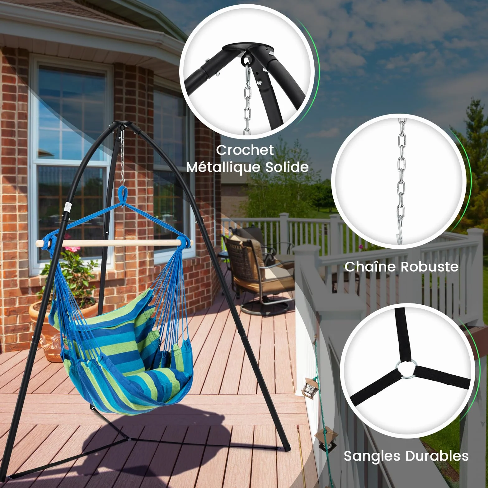 COSTWAY Support Fauteuil Suspendu Métal Pivotant 200 KG Chaîne Suspension Intérieur Extérieur