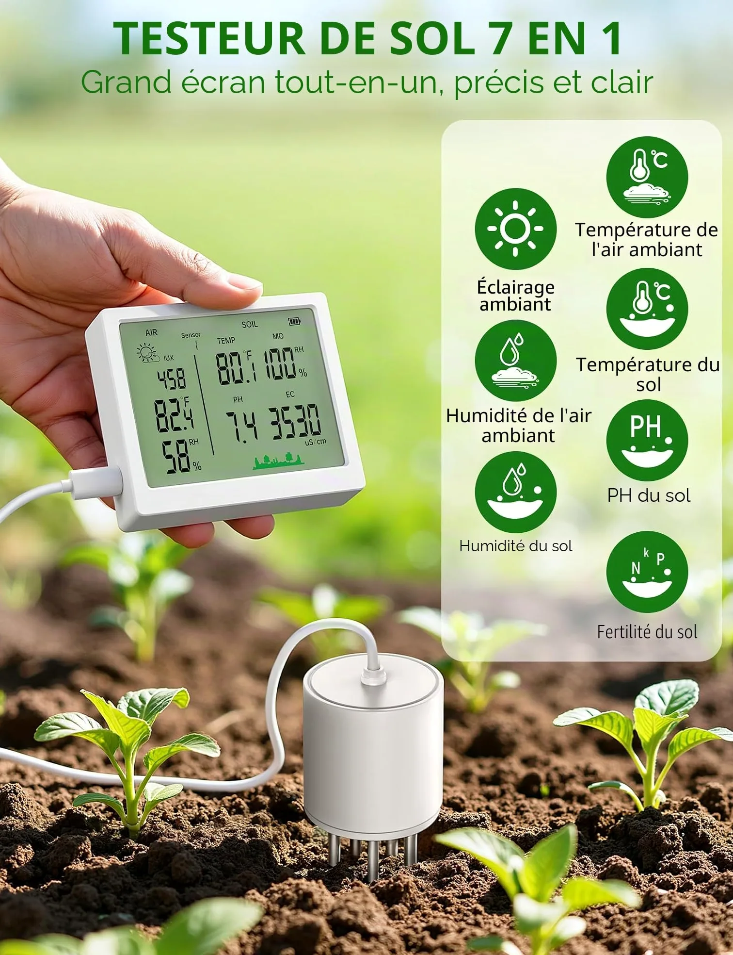 EXTSUD Testeur de pH du Sol 7 en 1, Testeur pour Humidité/Fertilité/pH/Température/Lumière/Humidité Ambiante/Température Ambiante, Humidimetre Hygrometre pour Pot de Fleurs Plante Jardin Ferme Cour