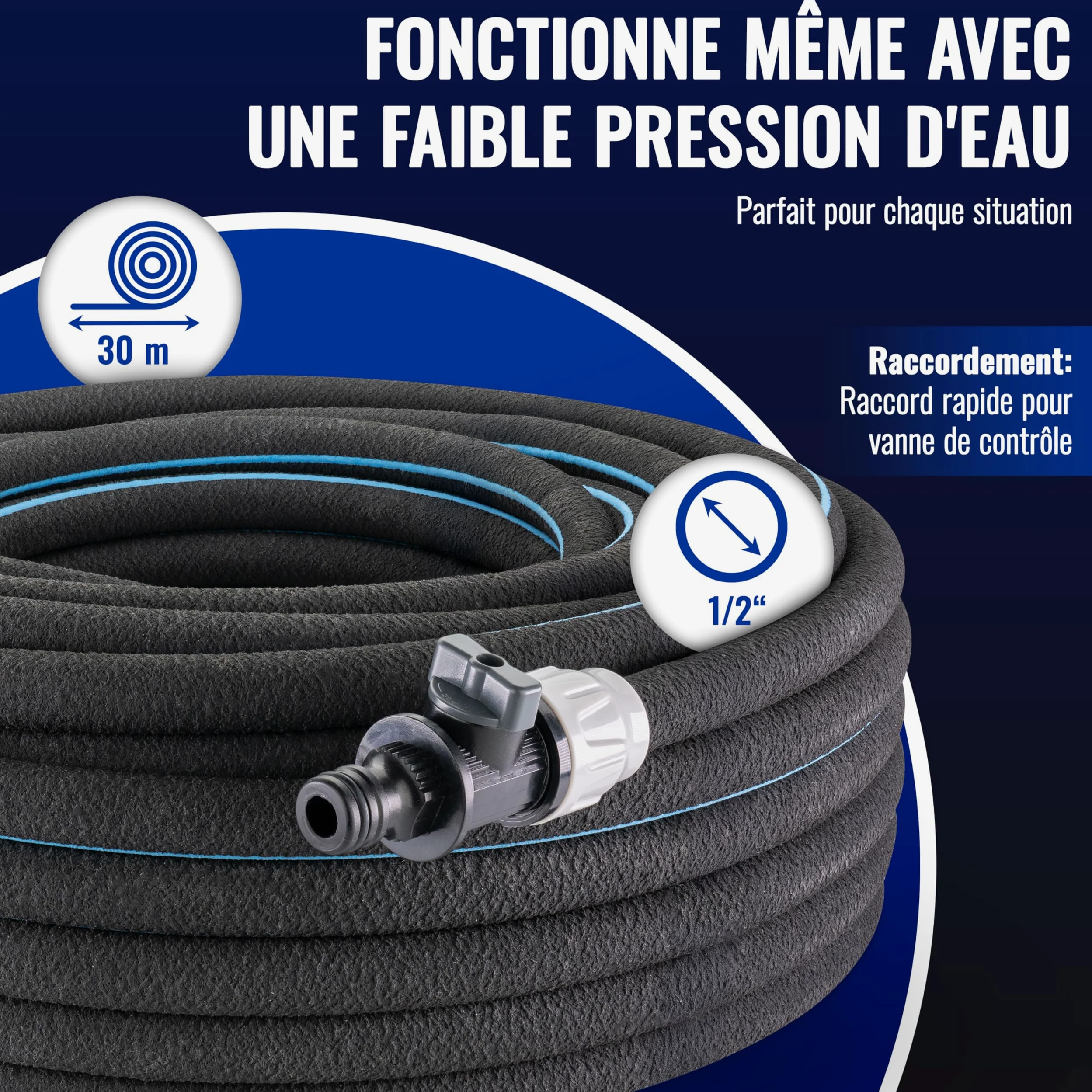 Poppstar Tuyau microporeux 30m (tuyau suintant goutte à goutte) Ø intérieur 12,7 mm (1/2"), raccord rapide avec vanne manuelle intégrée, noir
