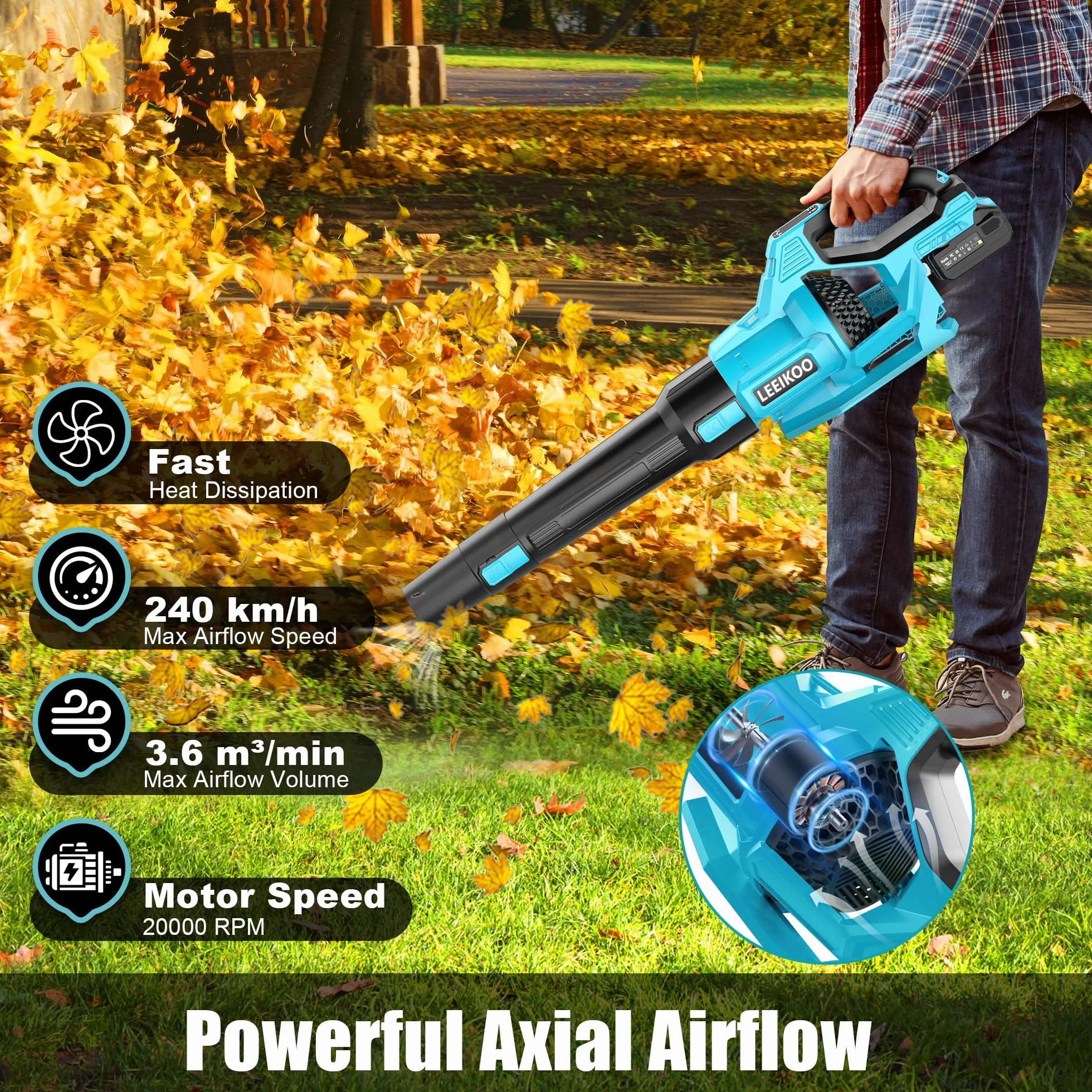 Souffleur Batterie, 21V Souffleur de Feuilles avec 2 Batteries 4,0Ah, 3 Vitesses, 2 Tubes de Soufflage, Sangle Souffleur à Batterie pour Nettoyage de Jardin
