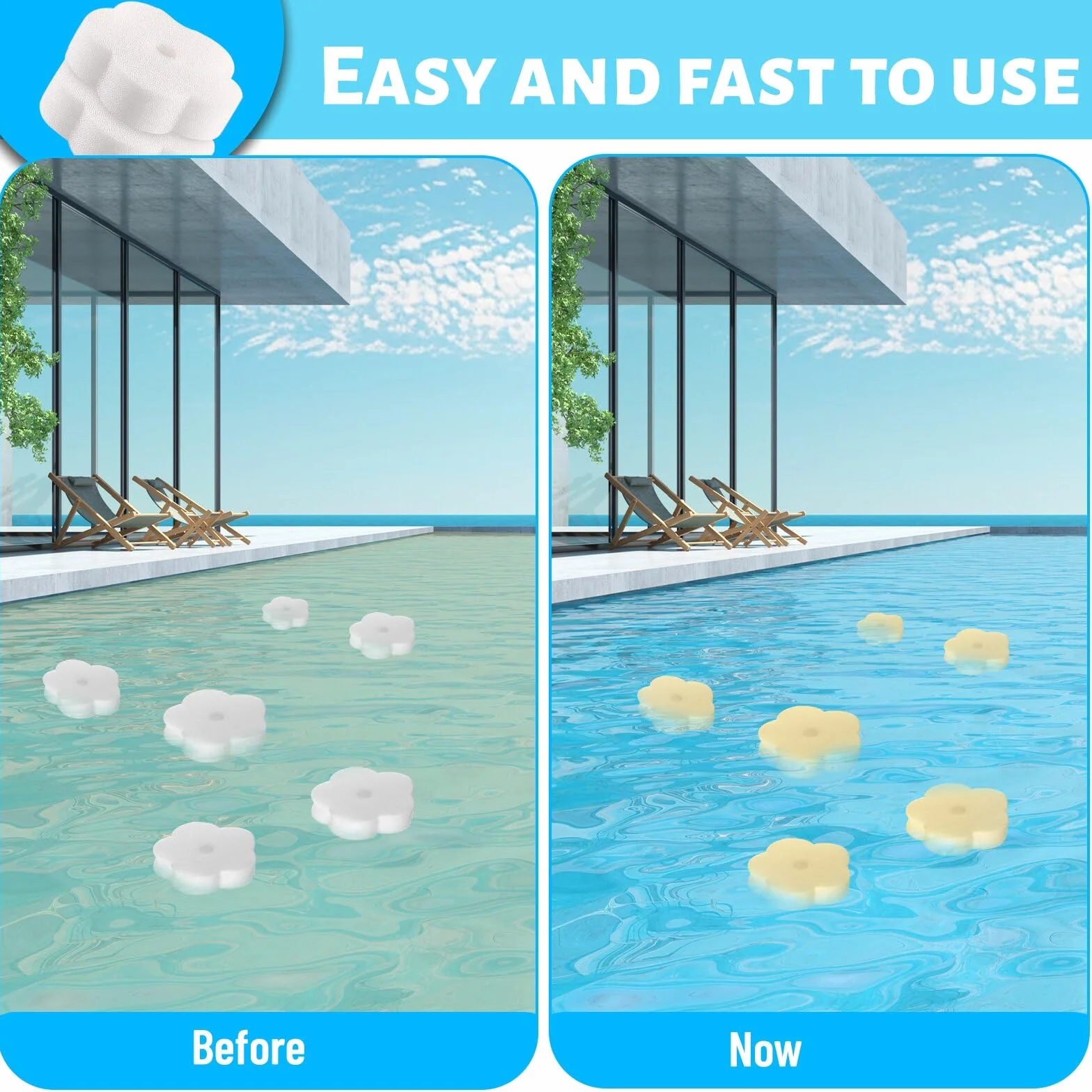 Éponge Absorbant l'Huile 16 Pièces, Éponge Filtre pour Piscine, Spa, Cuisine (Fleur)