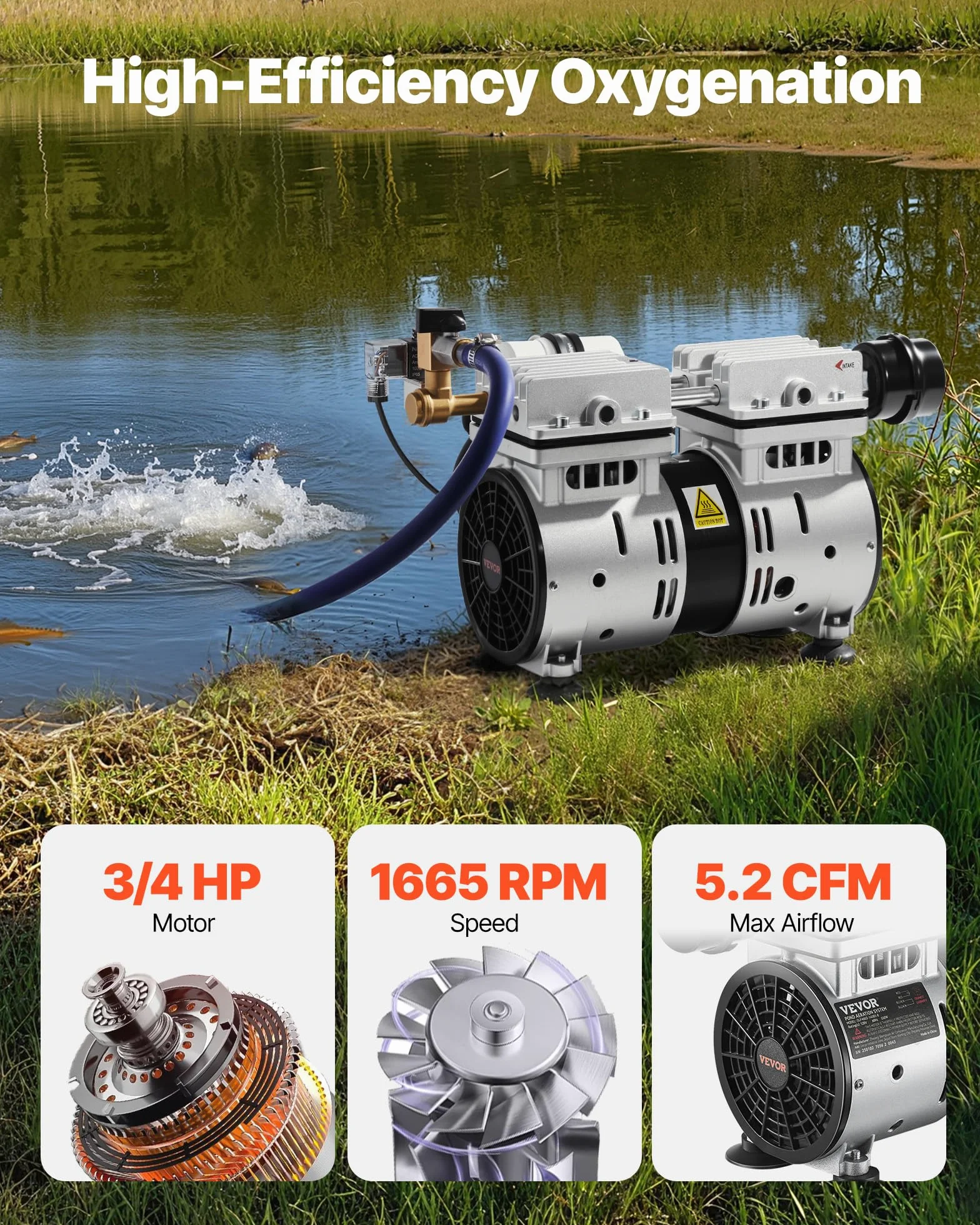 VEVOR Aérateur de Bassin, 550 W, kit système d'aération de lac, 5,2 CFM pour étangs jusqu'à 3 Acres Profondeur 15 m avec compresseur d'air, minuterie, vannes pour Circulation oxygène en Eau Profonde