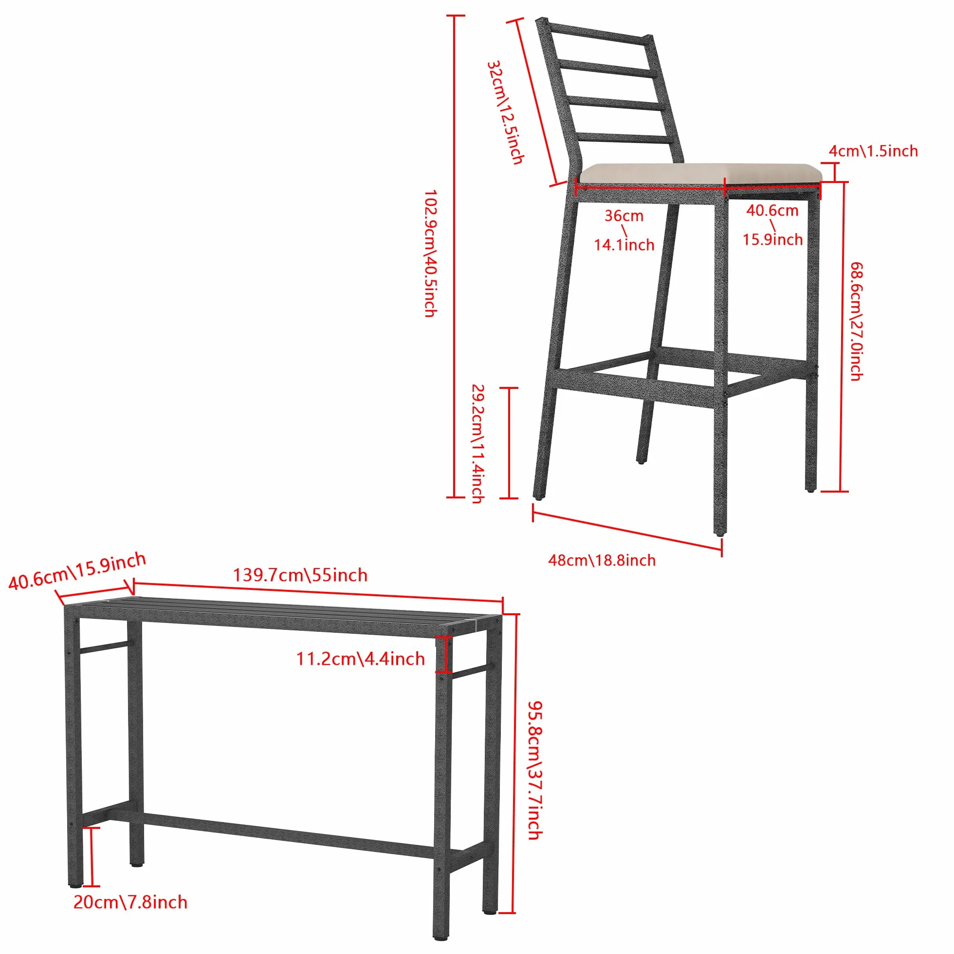 Ensemble de bar d'extérieur M Bel-Set avec table 139,7 cm et 2 tabourets, barre en métal