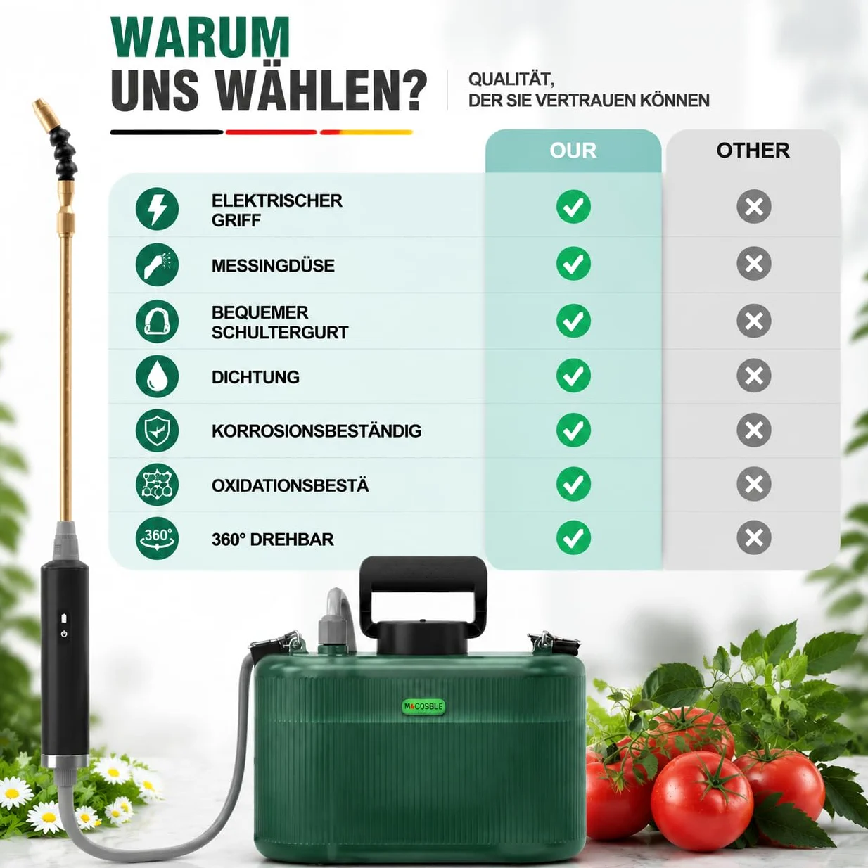 Pulvérisateur Électrique de Jardin 5L avec Lance Télescopique en Cuivre à 2 Modes + Lance INOX pour Douche, 2 Buses, Tuyau 1+3m, Batterie 2200mAh, Recharge USB-C, 2–3h d’Autonomie (5L)
