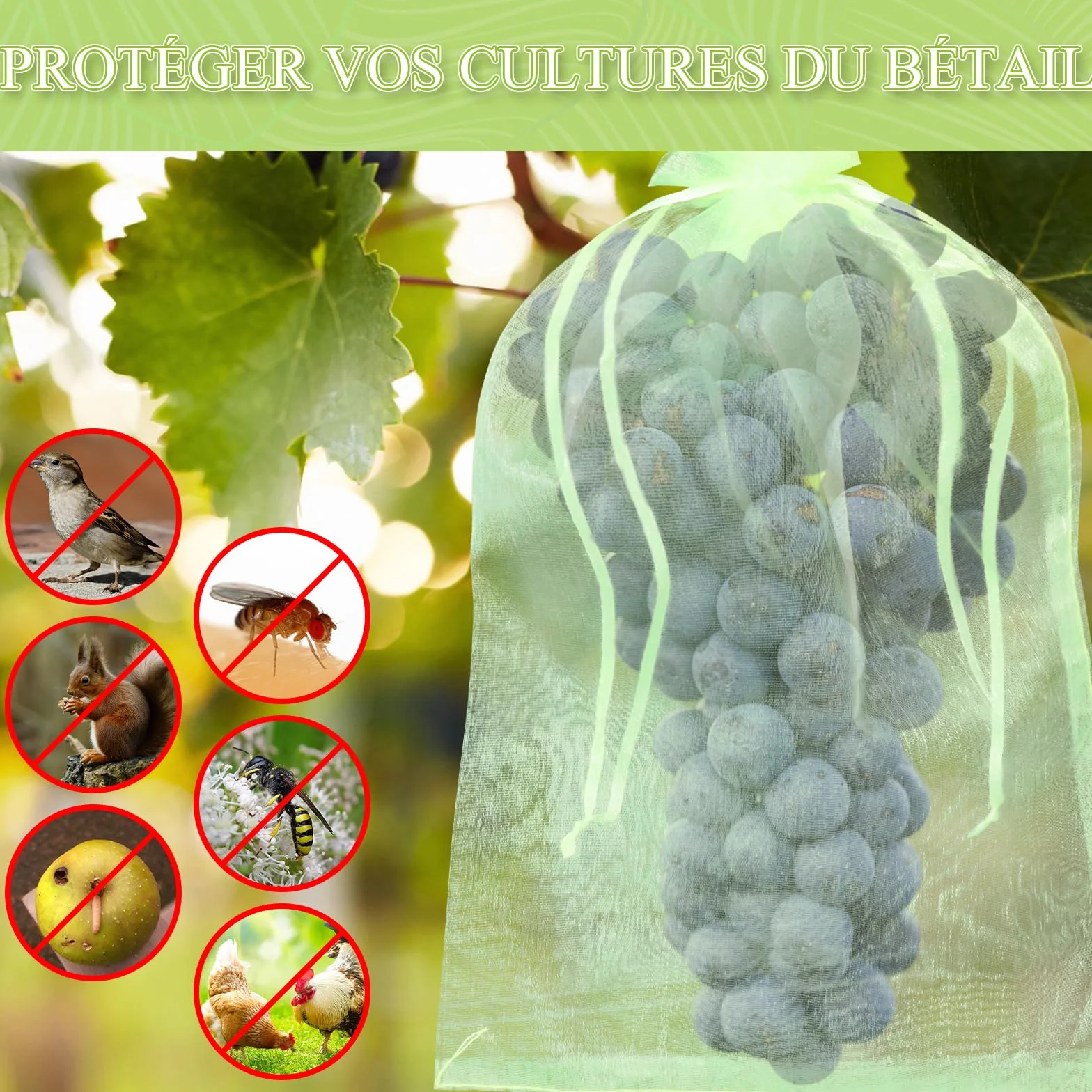 Sachet Protection Fruits Organza Vert Respirant à Cordon de Serrage 20x15cm 120 Pièces