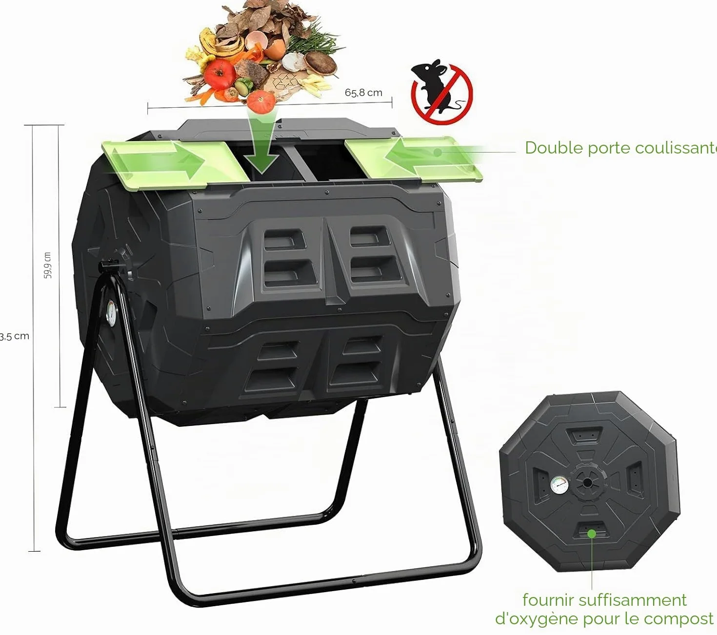 Composteur amélioré de 160 l avec thermomètre à compost – Bac à compost de jardin à double chambre (vert)