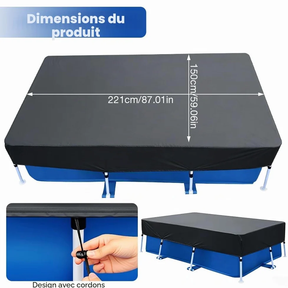 Bâche Piscine Rectangulaire, 220 x 150 cm Couverture pour Piscines Rectangulaires, Bâche été et Hiver, Modèle avec Cordon de Serrage, Résistante au Vent, à la Poussière et à la Pluie (220 * 150CM)