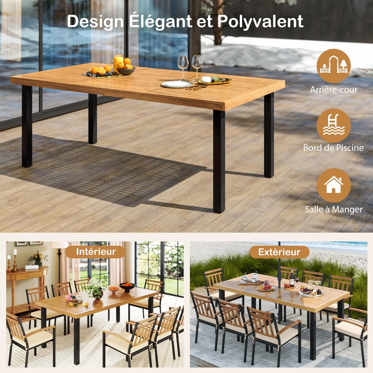 GOPLUS Table de Salle à Manger en Bois d'Acacia FSC 200 x 100 x 75 cm pour 8 Personnes avec Trou pour Parasol