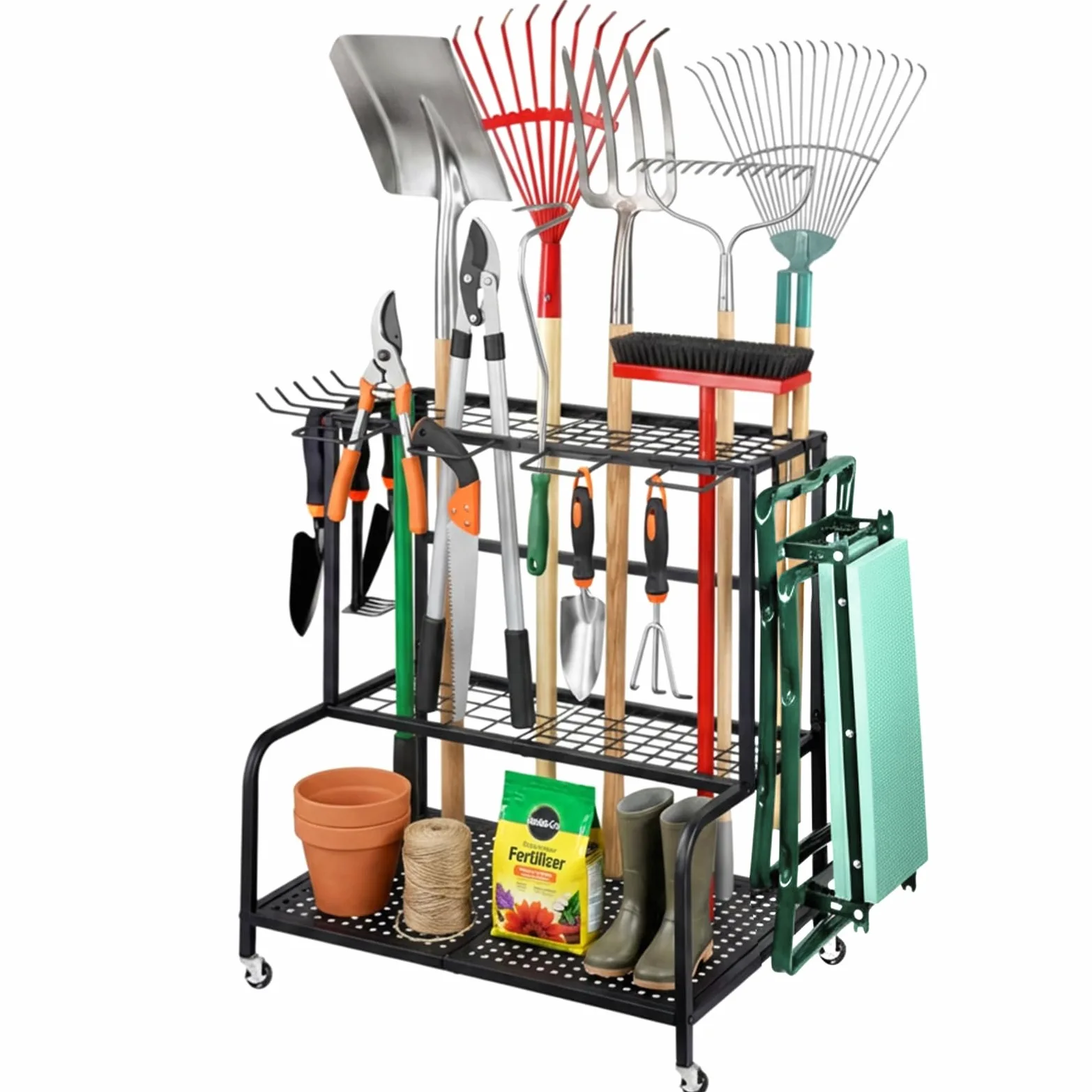 Support pour outils de jardin - 61 x 41 x 66 cm - Organiseur avec 78 compartiments de rangement | 11 crochets et roues pivotantes à 360°, étagère de rangement pour outils de jardin, en métal, noir
